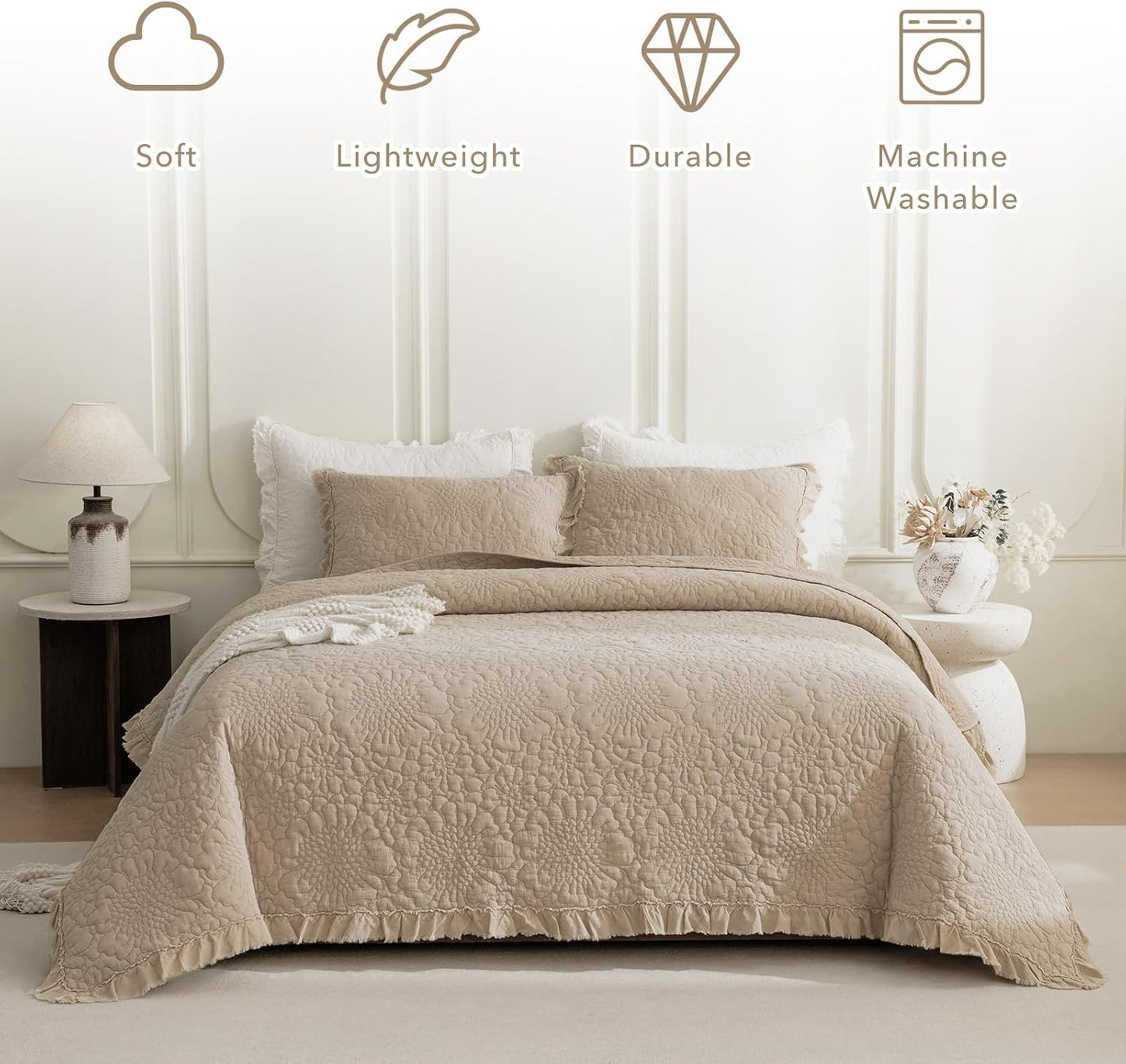 QSH Dark Wheat Stonewashed Cotton Oversized King Quilt Bedspread Set(128"x120"),3PCs Farmhouse Ruffled Bedspread California King,Shabby Soft Lightweight Crinkled Quilt Coverlet Bed with Pillow Shams