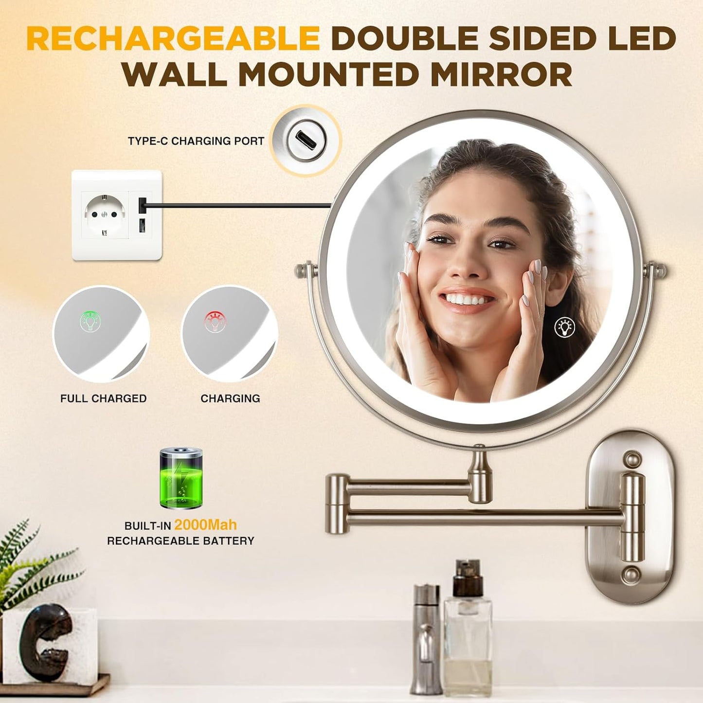 Magnifying Mirror with Lights 1x/15x: 8.5" Double Sided Wall Mounted Lighted Makeup Mirror for Bathroom, 3 Color Lights & 360°Swivel Vanity Mirror, Brushed Nickel