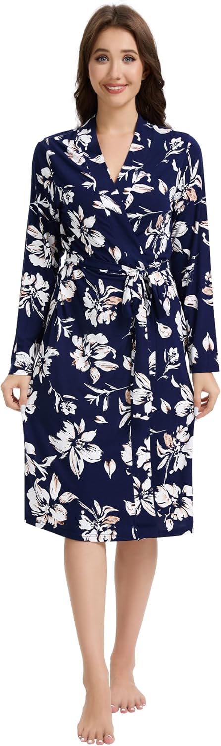 WiWi Women's Robe Long Sleeve Bathrobe with Pockets Soft Kimono Spa Lightweight Robes Bamboo Viscose Loungewear S-XXL