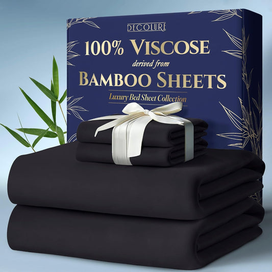 DECOLURE 100% Viscose Derived from Bamboo Sheets King Size 4pcs - Ultra Soft & Luxuriously Cooling, 17" Deep Pocket, Double Stitching, Perfect for Hot Sleepers - King Bed Sheets (Charcoal)