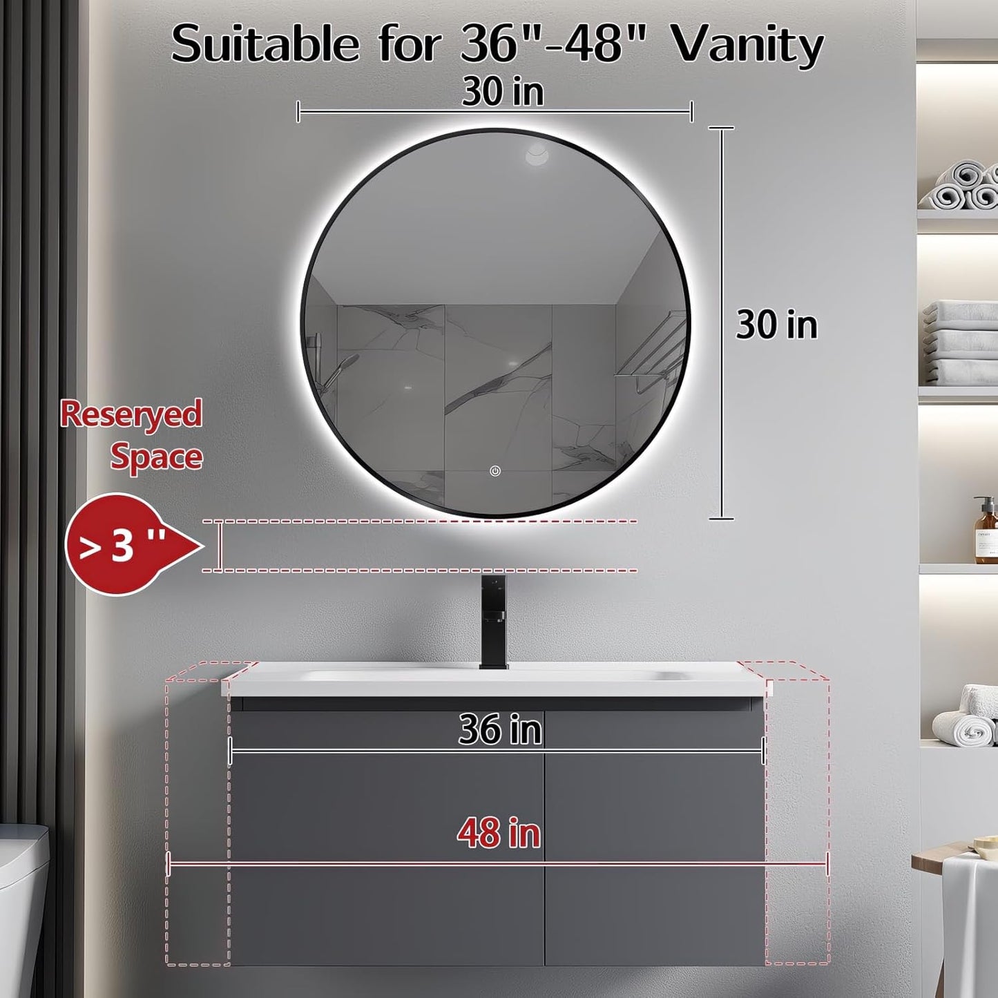 Niccy 30" LED Backlit Round Mirror for Bathroom, Black Framed Vanity Light Wall Mirror LED Smart Circle Mirrors with 3 Lighting Colors, Dimmable Lighted Mirror with Anti-Fog, IP65 Waterproof