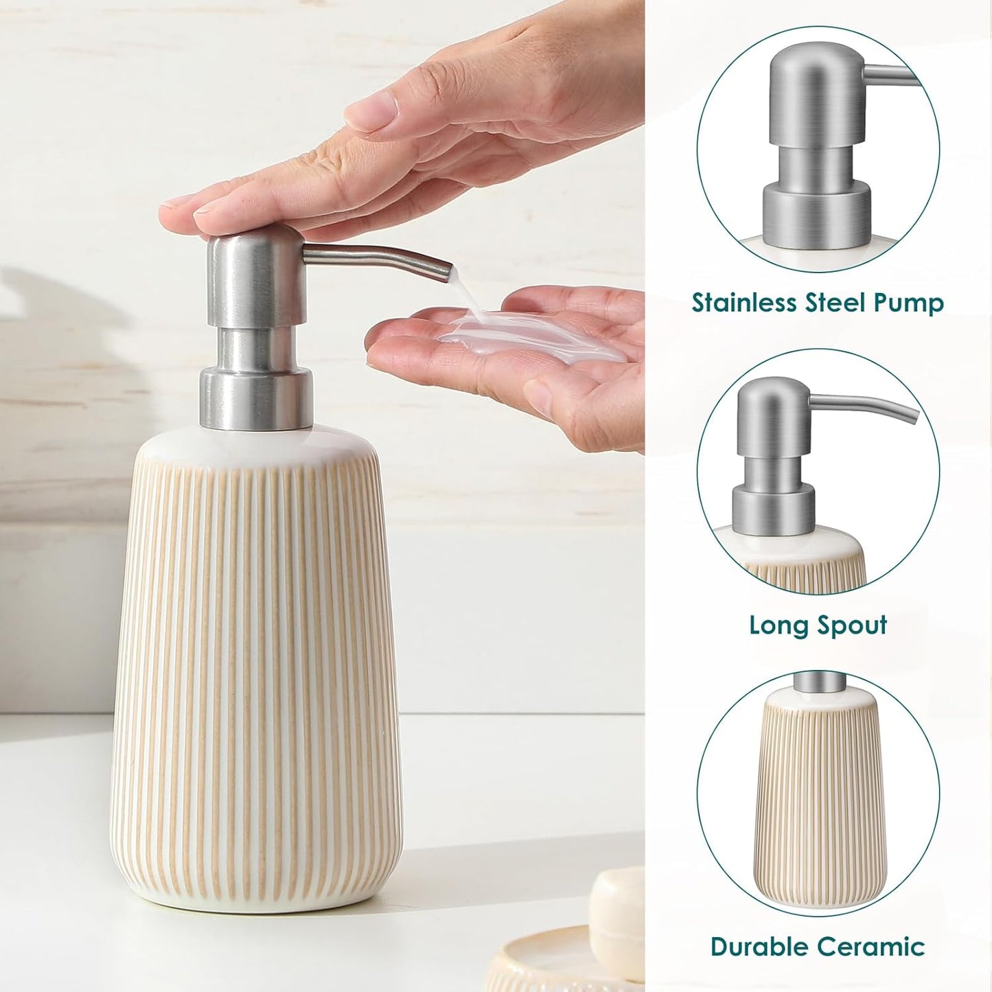 vancasso Ceramic Bathroom Accessories Set 4 Piece, Soap Dispenser with Stainless Steel Pump, Toothbrush Holder, Tumbler and Soap Dish, Modern Relief Design, Bathroom Decor Organizer, Beige-White