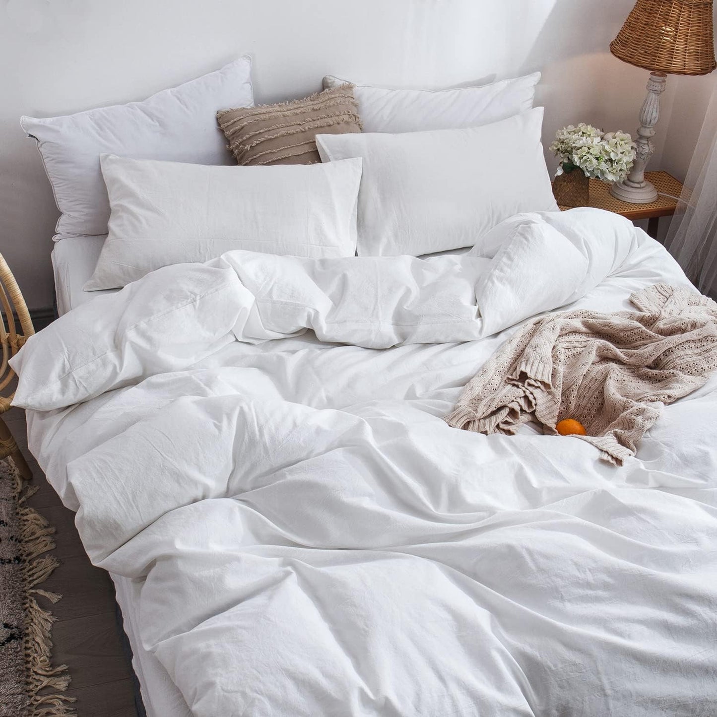 MooMee Bedding Duvet Cover Set 100% Washed Cotton Linen Like Textured Breathable Durable Soft Comfy (Solid Off White, Full 80"x90")