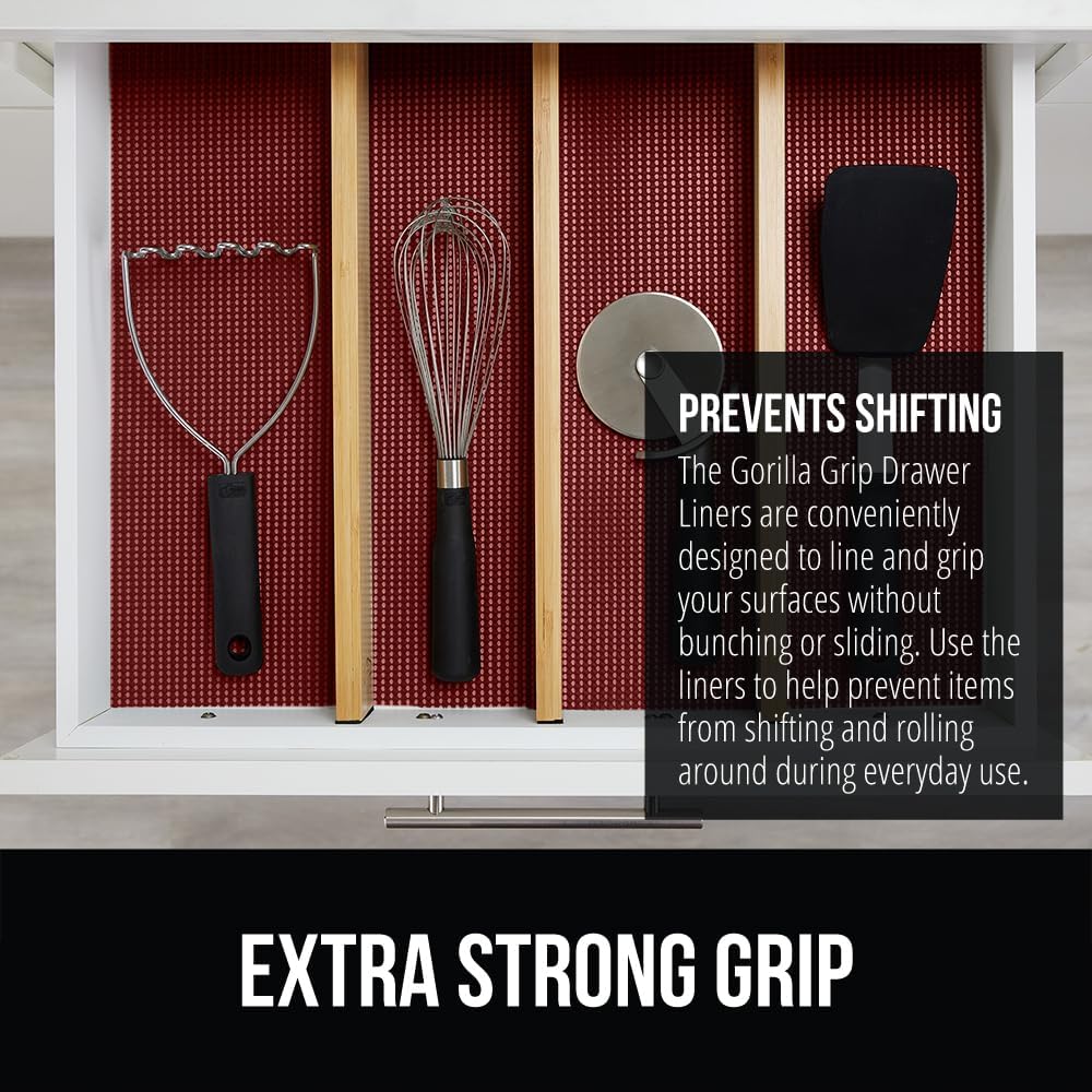 GORILLA GRIP powerGRIP Drawer Shelf and Cabinet Liner, Thick Strong Hold, Non-Adhesive Liners Protect Kitchen Cabinets and Cupboard, Bathroom Drawers, Easy Install, Breathable Mat, 20" x10', Red