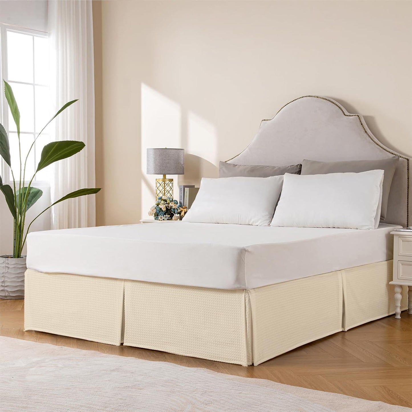 MIYE Pleated Waffle Weave Bed Skirt, Tailored Dust Ruffle 16 Inch Drop Easy Fit, Machine Washable,No Split Corners(Light Beige, Full - 16" Drop)
