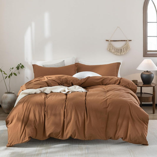 100% Washed Cotton Dark Orange Duvet Cover Super Queen Size Bedding Set Cover 1 Duvet Cover with Zipper Closure and 2 Pillowcases, 98inch x 90inch