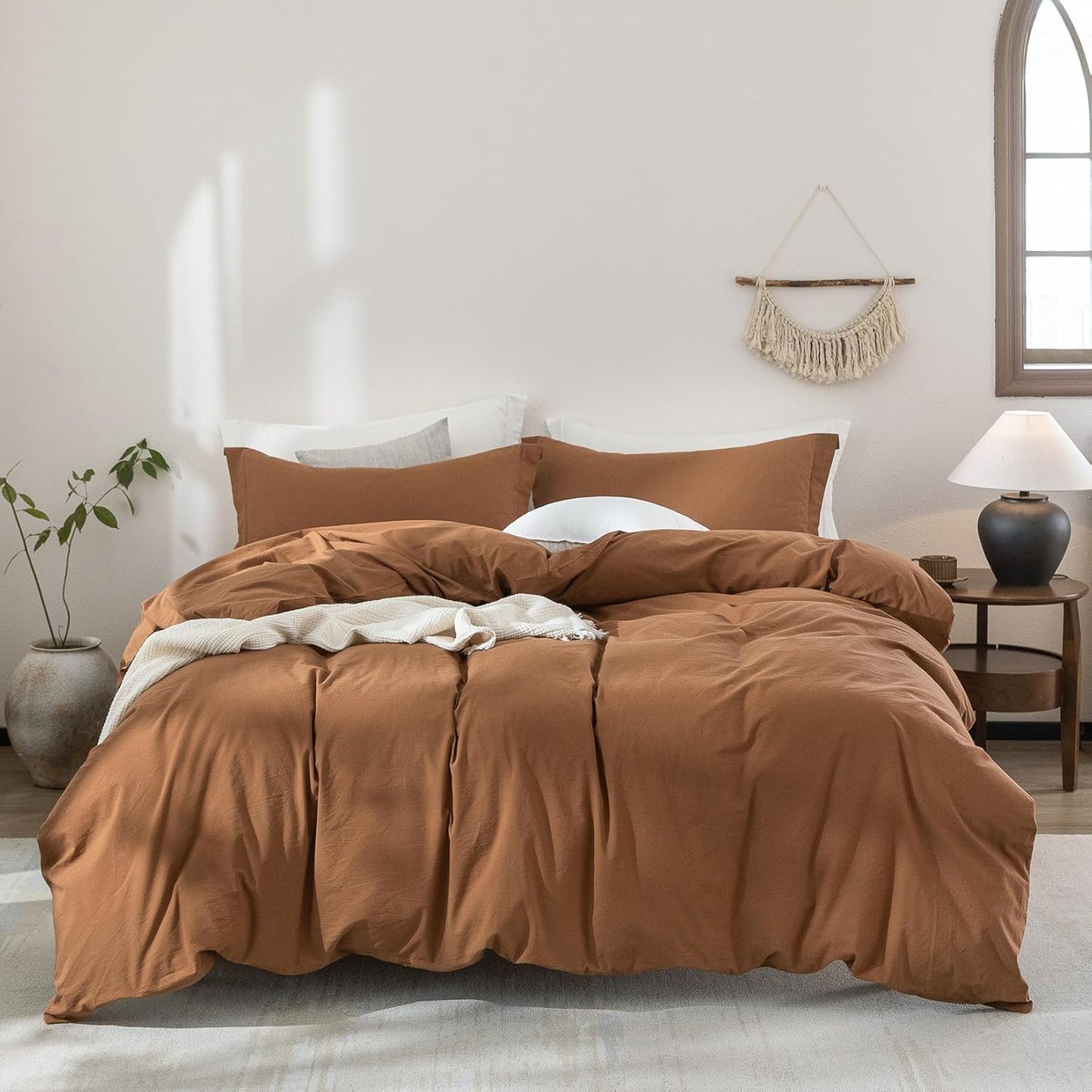 100% Washed Cotton Dark Orange Duvet Cover California King Size Bedding Set Cover 1 Duvet Cover with Zipper Closure Plus 2 Pillowcases, 104inch x 98inch