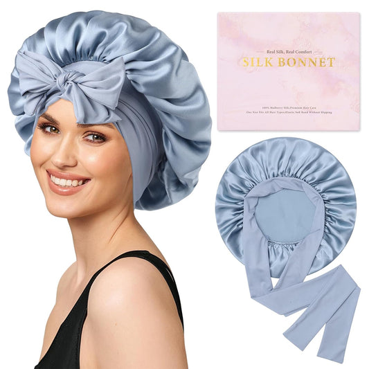AWAYTR Mulberry Silk Bonnet for Sleeping - Silk Sleep Bonnet with Tie Band for Curly Hair Men and Women (Haze Blue)