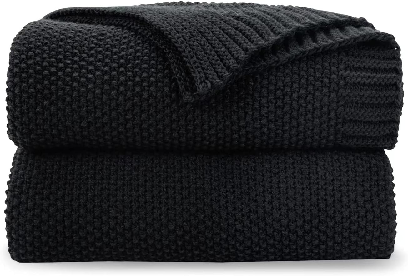 CozeCube Black Throw Blanket for Couch, Soft Cozy Cable Knit Throw for Bed Sofa Living Room, Lightweight Warm Decorative Farmhouse Christmas Blanket, 50"x60", Jet Black