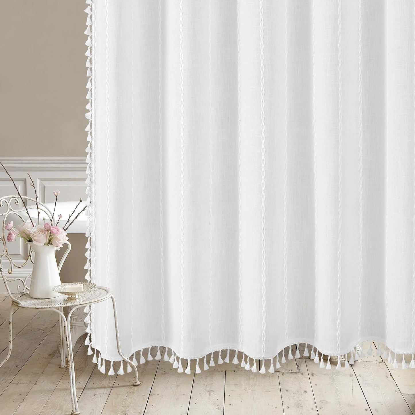 MitoVilla Boho Extra Long Shower Curtain 72 x 96, White Modern Farmhouse 96 inch XL Polyester Linen Texture Tassel Fabric Shower Curtain Set with Hooks for Cottagecore Country Bathroom Decor,White