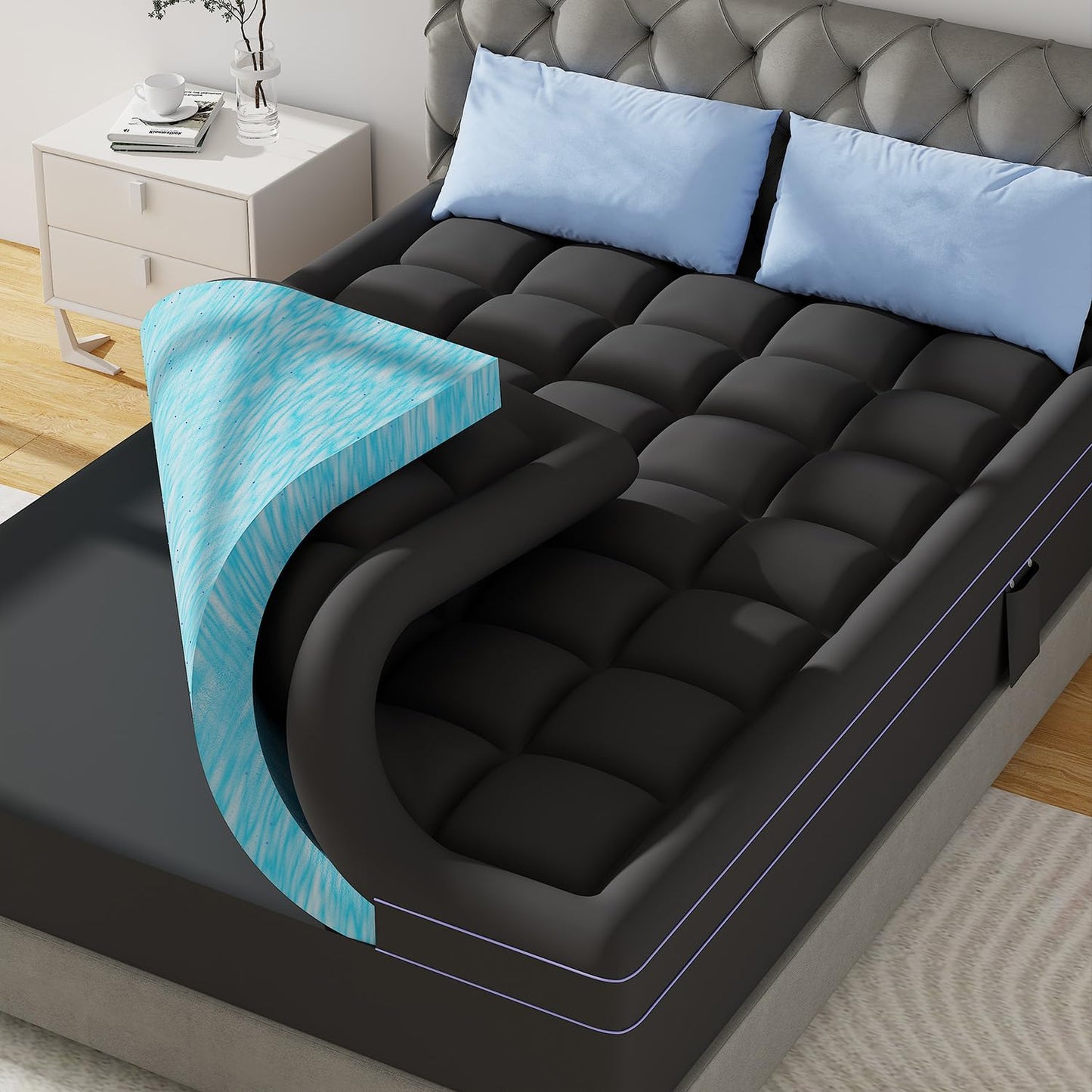 ABENE 3 Inch Dual Layer Memory Foam Mattress Topper Twin, 2 Inch Memory Foam Plus 1 Inch Down Alternative Pillowtop Mattress Pad, with Bedside Pocket, Support for Back Pain (Twin, Black)