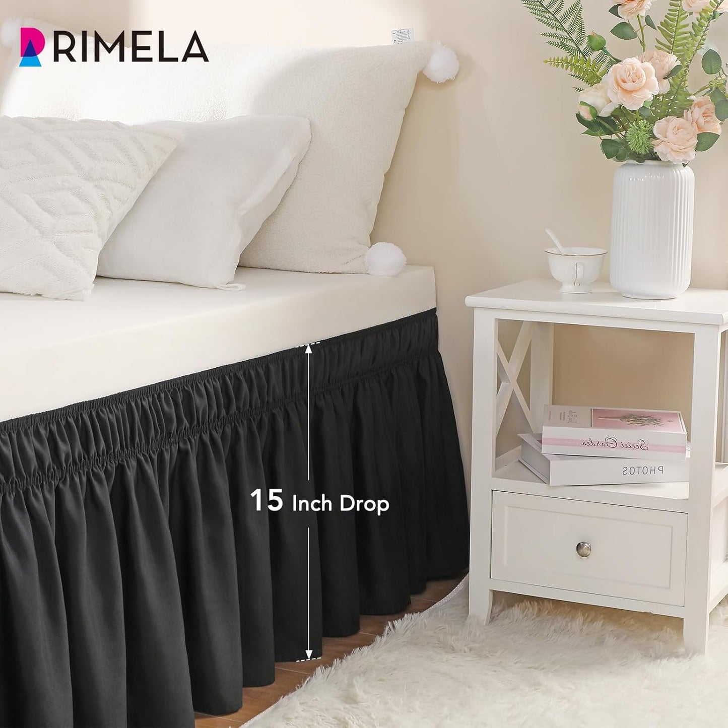 RIMELA Black Bed Skirt Twin Size 15 Inch Drop, Elastic Bed Skirting for Bed Base and Frame, Bedding Dust Ruffle Easy to Install, Lightweight Wrap Around Adjustable Bedskirt