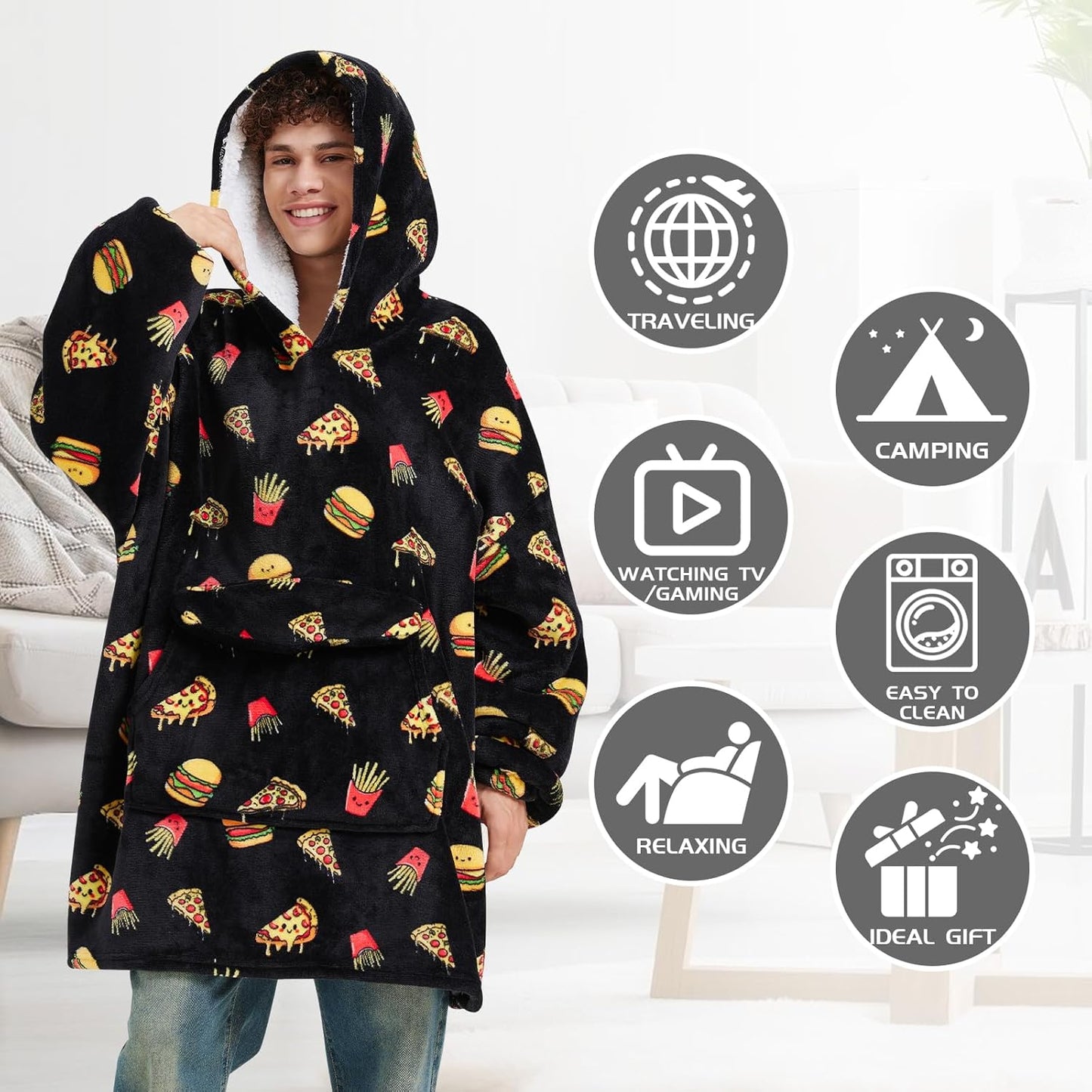 Wearable Blanket Hoodie for Adult,Oversized Sherpa Fleece Blanket Hoodie for Women Men,Hamburger Pizza