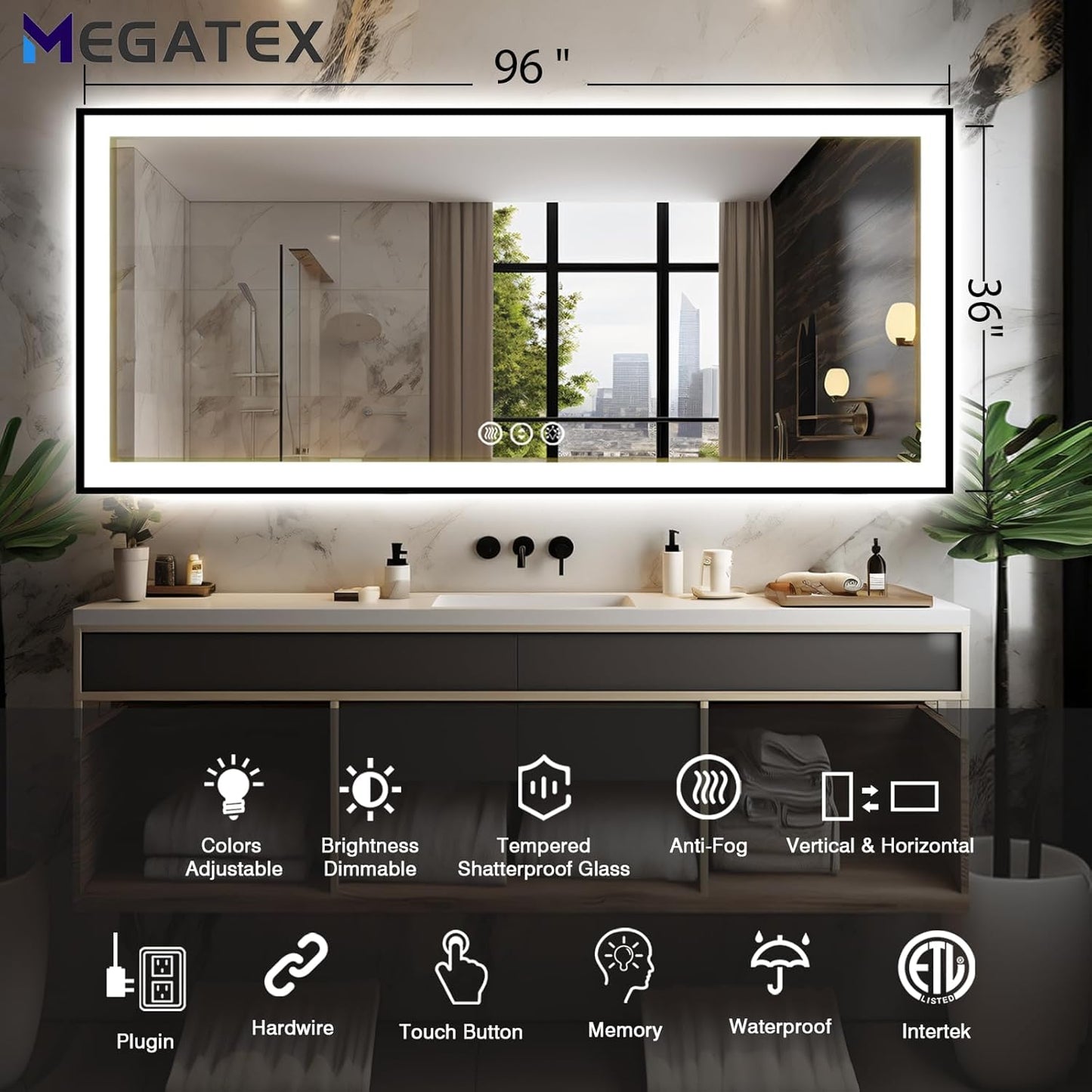 96x36 Large Lighted Bathroom Mirror, Black Rim(Front and Backlit), 3 Colors and Dimmable Vanity Mirror, Tempered Glass, IP54 Enhanced Anti-Fog, Anti-Corrosion, Memory (Horizontal/Vertical)