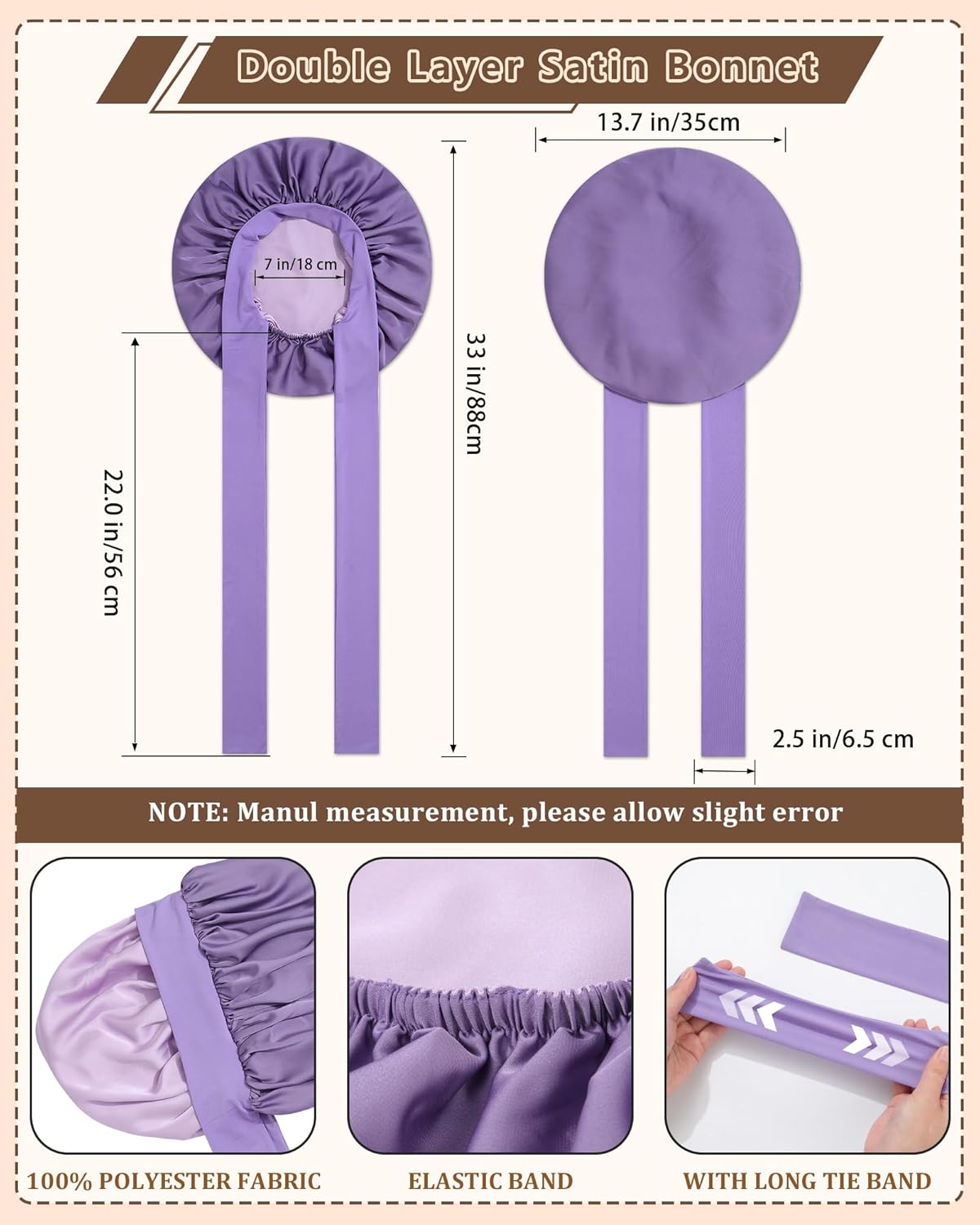 AWAYTR Women Satin Bonnet for Sleeping - Double Layer Silk Hair Bonnet with Elastic Tie Band for Braids Curly Hair