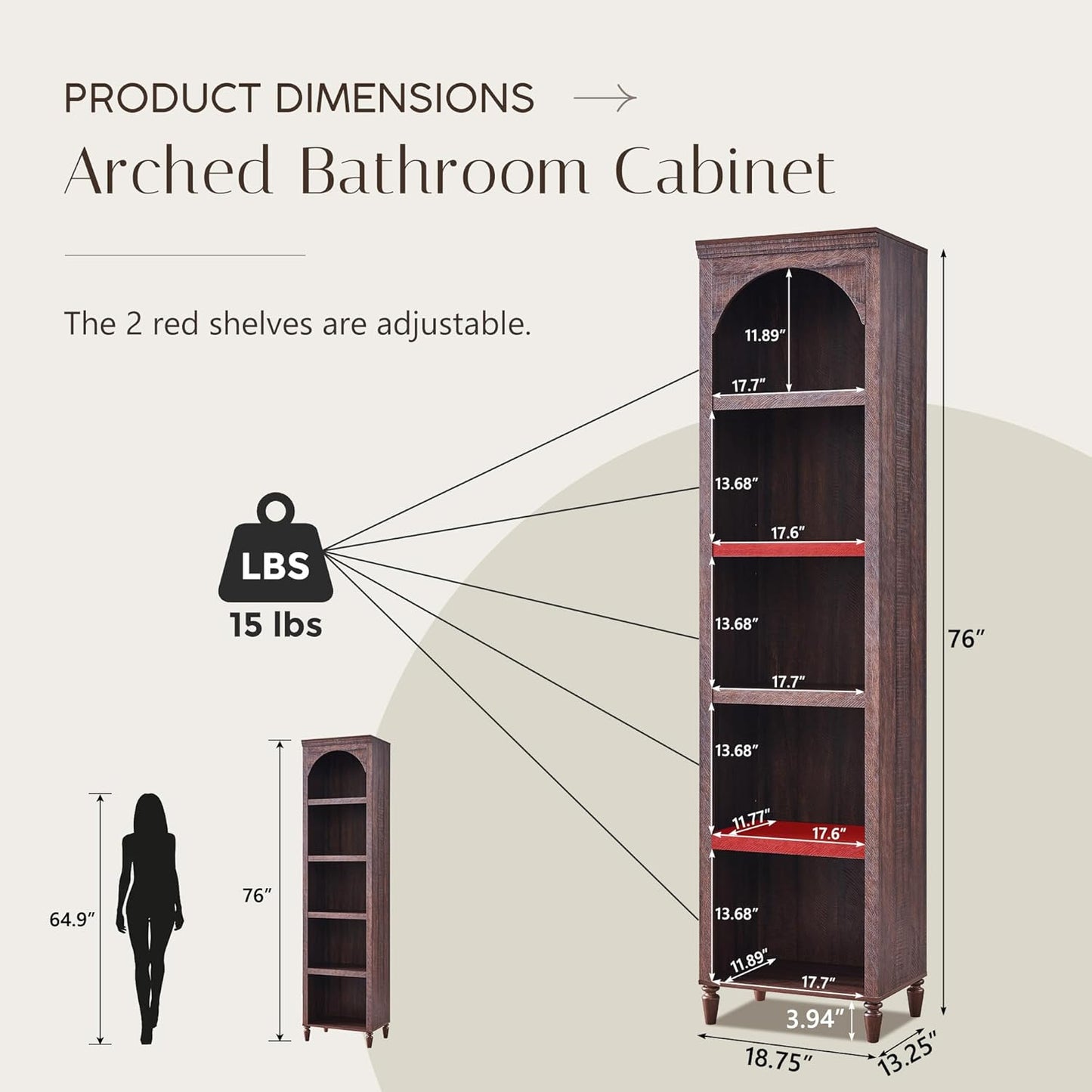 76" Tall Arched Bathroom Storage Cabinet, 5 Tiers Narrow Farmhouse Arched Cabinet w/Adjustable Shelves, Modern Wooden Storage Cabinet for Bathroom, Living Room, Entryway, Study Room (Brown)