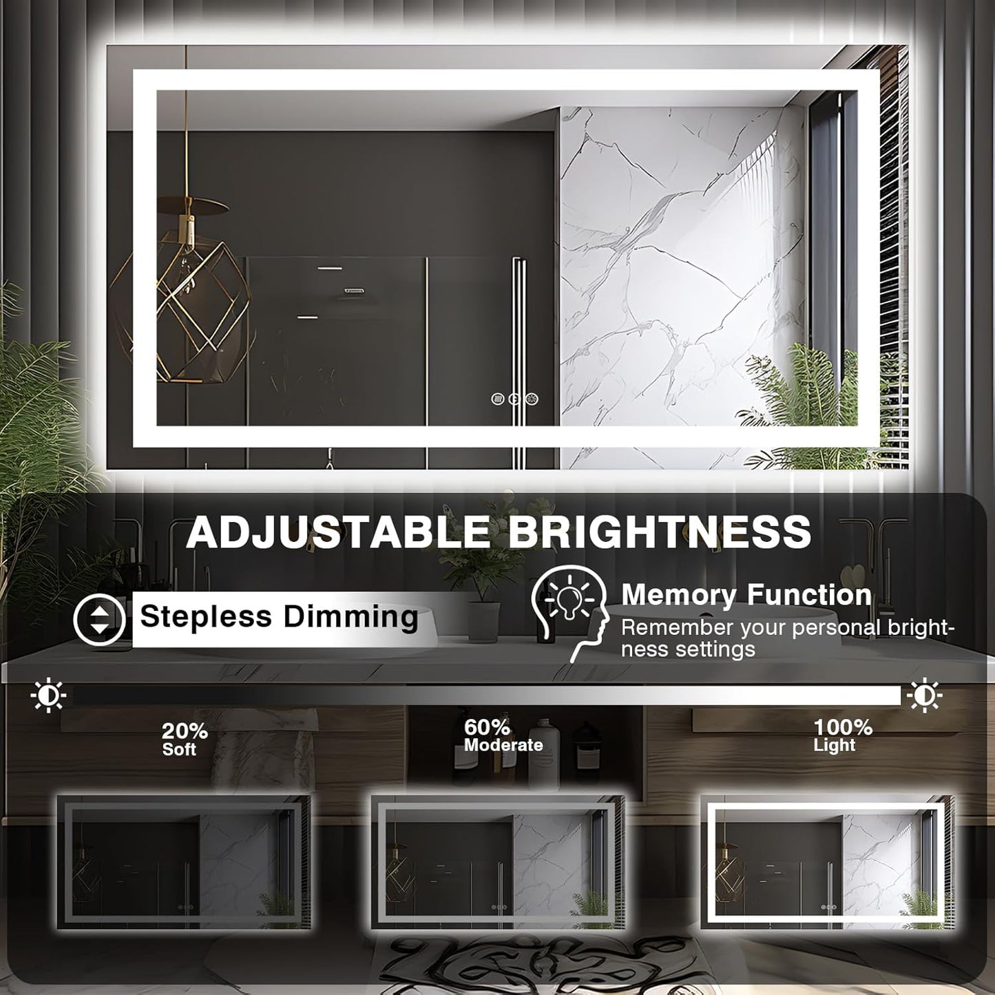66"x36" LED Lit Bathroom Mirror, Front and Backlit LED Mirror, Anti-Fog Bathroom Mirror with Lights, 3 Colors Stepless Dimmable Mirror, Touch Sense (Horizontal/Vertical)