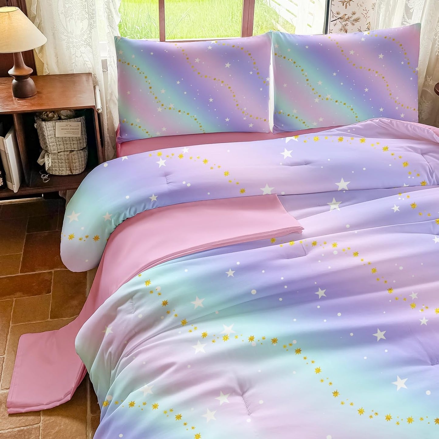 Rainbow Bedding Set Full Size – 5 Piece Reversible Girls Comforter with Deep-Pocket Sheet, Gradient Galaxy Design, Whole-Piece Filling, Machine Washable Bed-in-a-Bag for Kids Room Makeover & Gifts