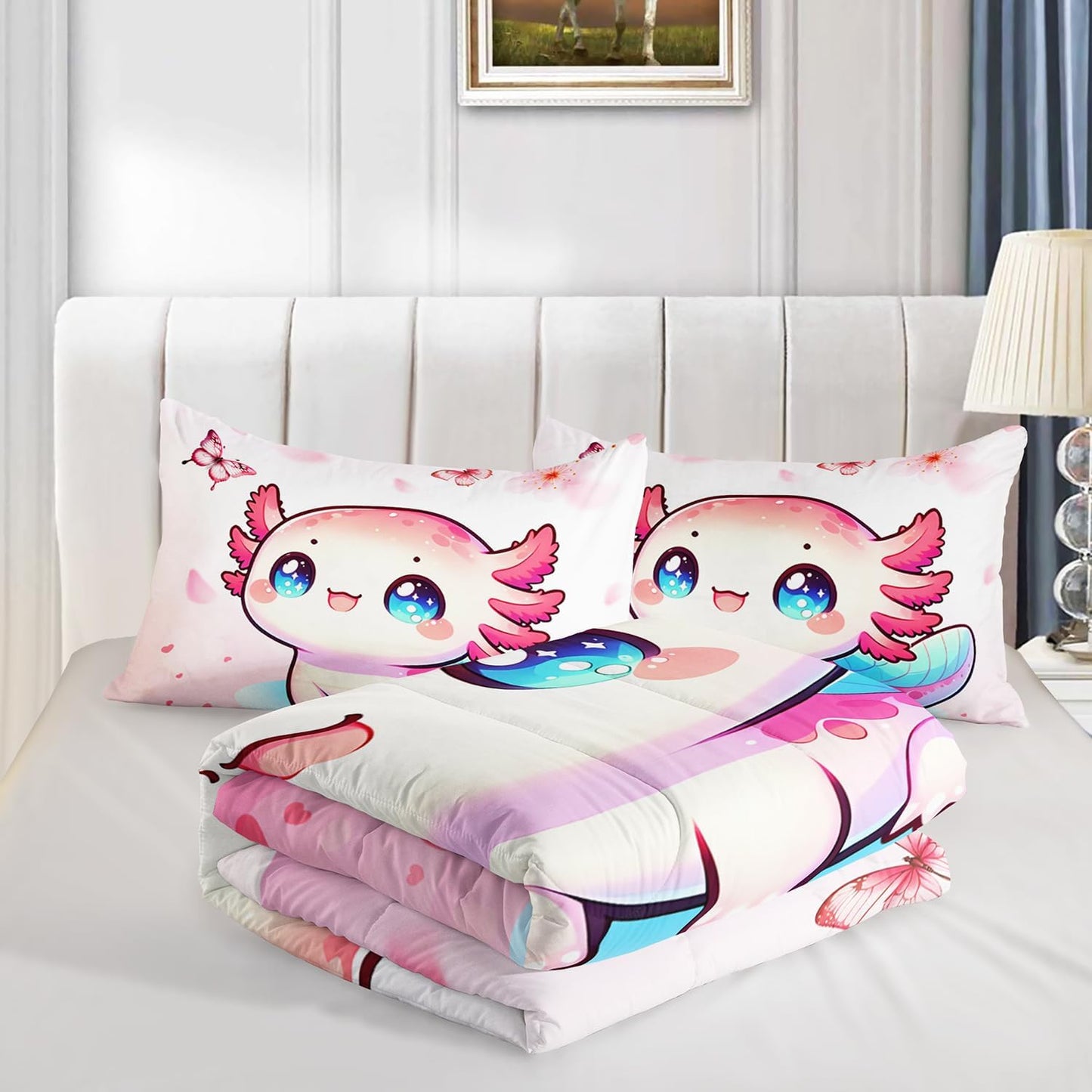 Cartoon Axolotl Comforter Kids Bedding Set,Cute Axolotl Flower Butterfly Bedding King Size for Toddler Girls Room Kawaii Decor,Pink Series Kids Comforter Sets with 2 Pillowcases.