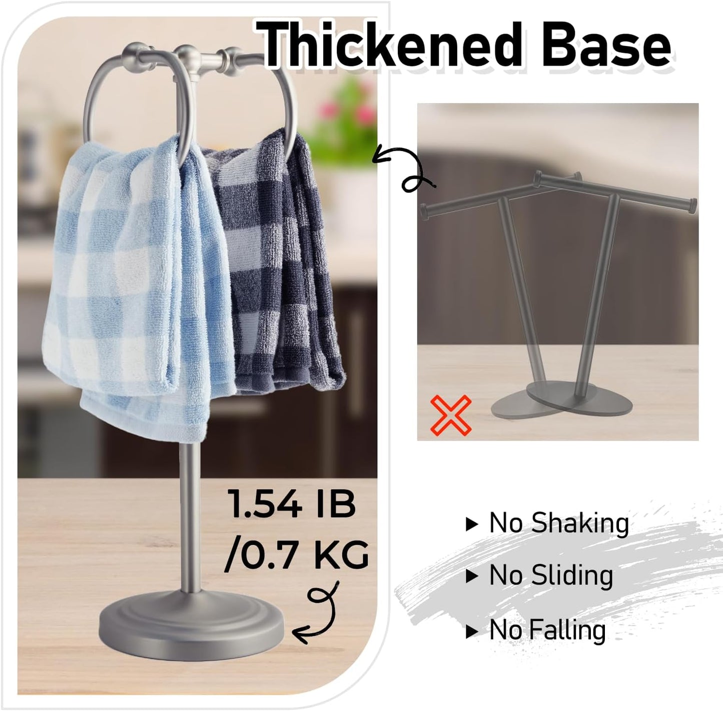 17 Inch Stainless Steel Hand Towel Holder Double Stand Hand Towel Ring for Washcloths or dishcloths Non-Slip Base Free Standing Towel Rack for Bathroom Kitchen (Brushed)