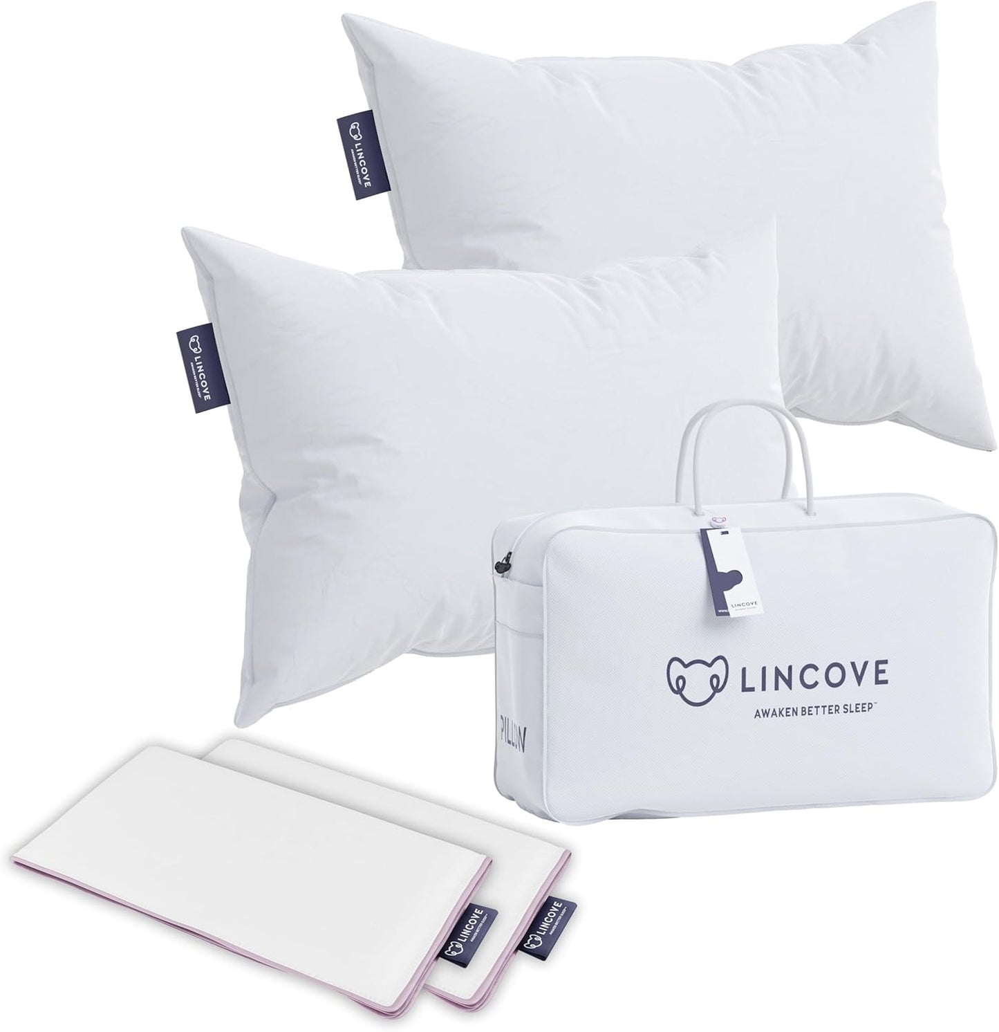 Lincove Recreation Sleeping Pillow, Filled with Premium Down, 600 Fill Power – Includes A Pillow Protector, 400 Thread Count Pillow Shell, Standard - Firm, 2 Pack