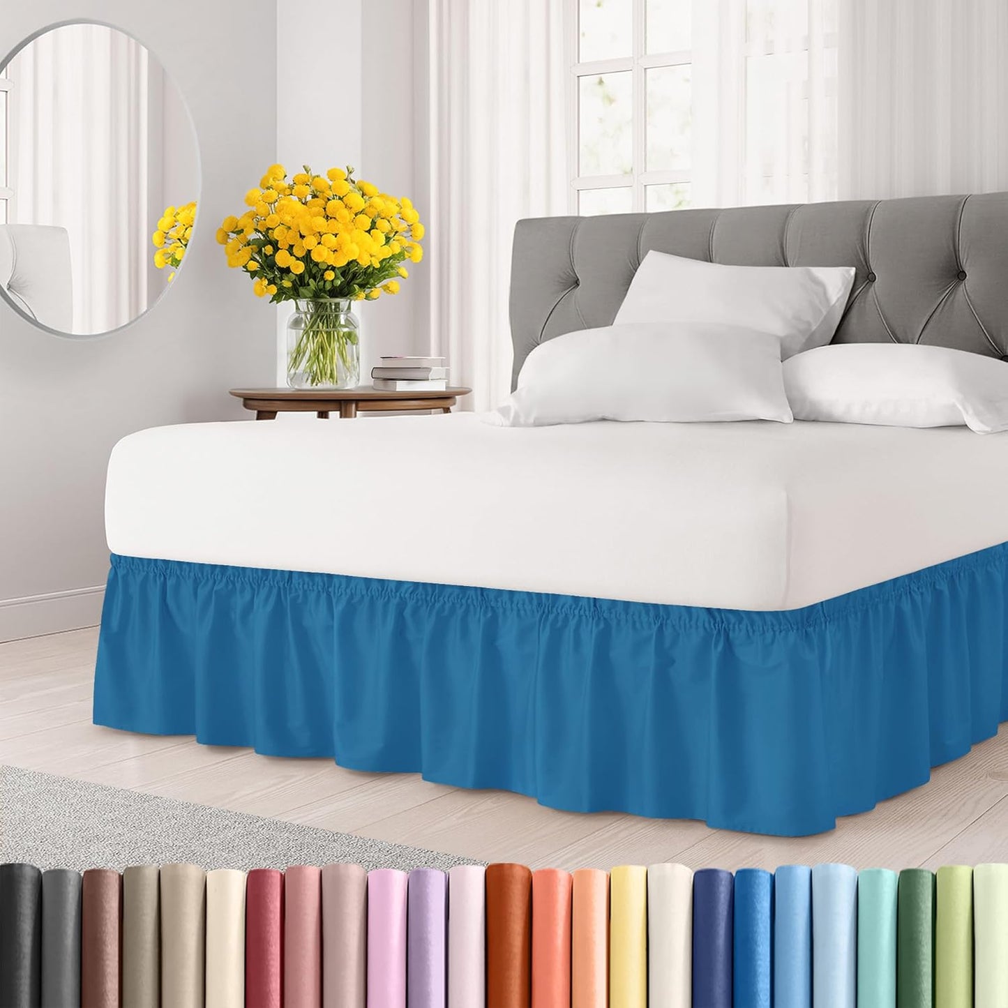 Wrap Around Dust Ruffle Bed Skirt - Denim Blue - for Full Size Beds with 12 Inch Drop - Elastic Strap - Adjustable Pleated Bedskirt with Brushed Fabric and Wrinkle Free - for Women, Men, Kids & Teens