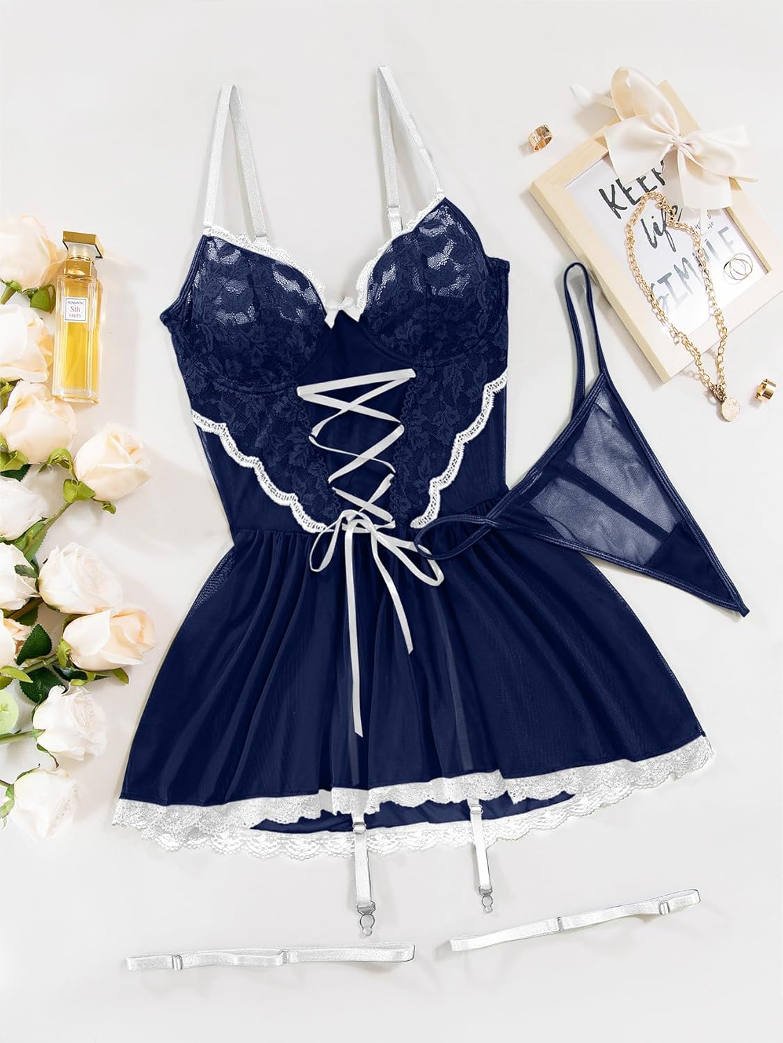 Lilosy Sexy Garter Belt Mesh Lace Babydoll Lingerie Dress Set with Thong