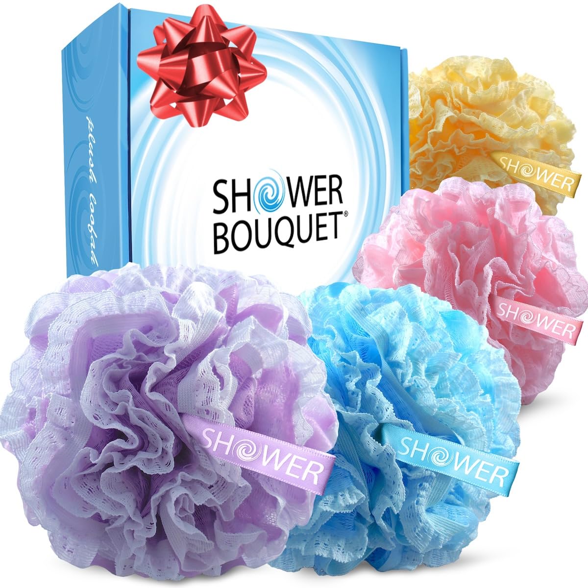 Loofah-Bath-Sponge Lace-Mesh-Set // 2-Scrubs-in-1 by Shower Bouquet/Large Full 60g Pouf (4 Pack Spa Colors) Body Luffa Loofa Loufa Puff - Exfoliate, Cleanse Skin with Luxurious Bathing Accessories
