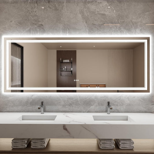 Bathroom Mirror with Lights 32"X84" with Front Light and Backlit, Tempered Glass, Wall Mount Horizontal/Vertical, Stepless Dimmable, 3 Colors, Anti Fog, Bathroom Memory LED Mirror