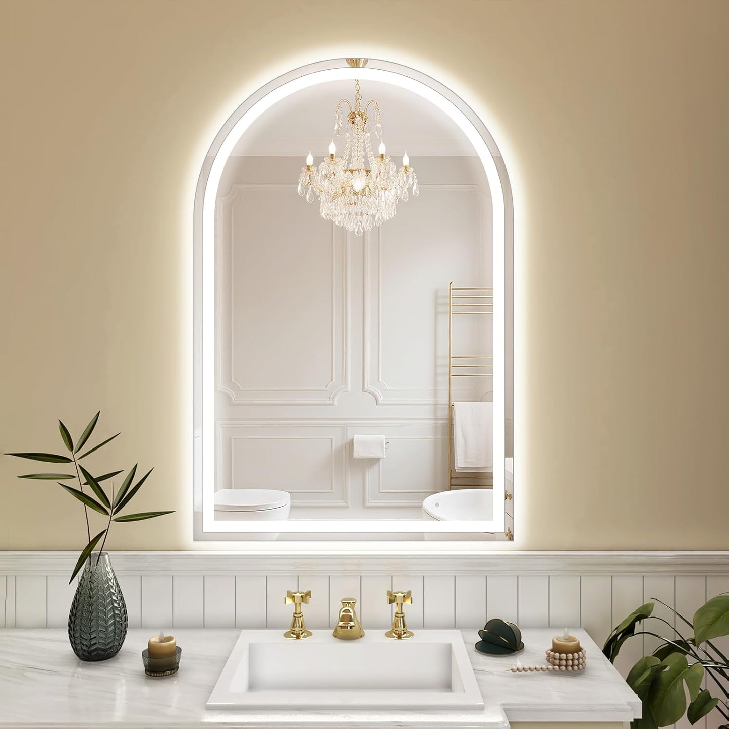 LED Bathroom Mirrors with Lights 30"x48" Arched Mirror for Wall,Led Vanity Mirror, Anti-Fog,LED Mirrors with Front Light and Backlit, Anti-Fog, Dimmable, 3 Color, Shatterproof, Touch Sensor