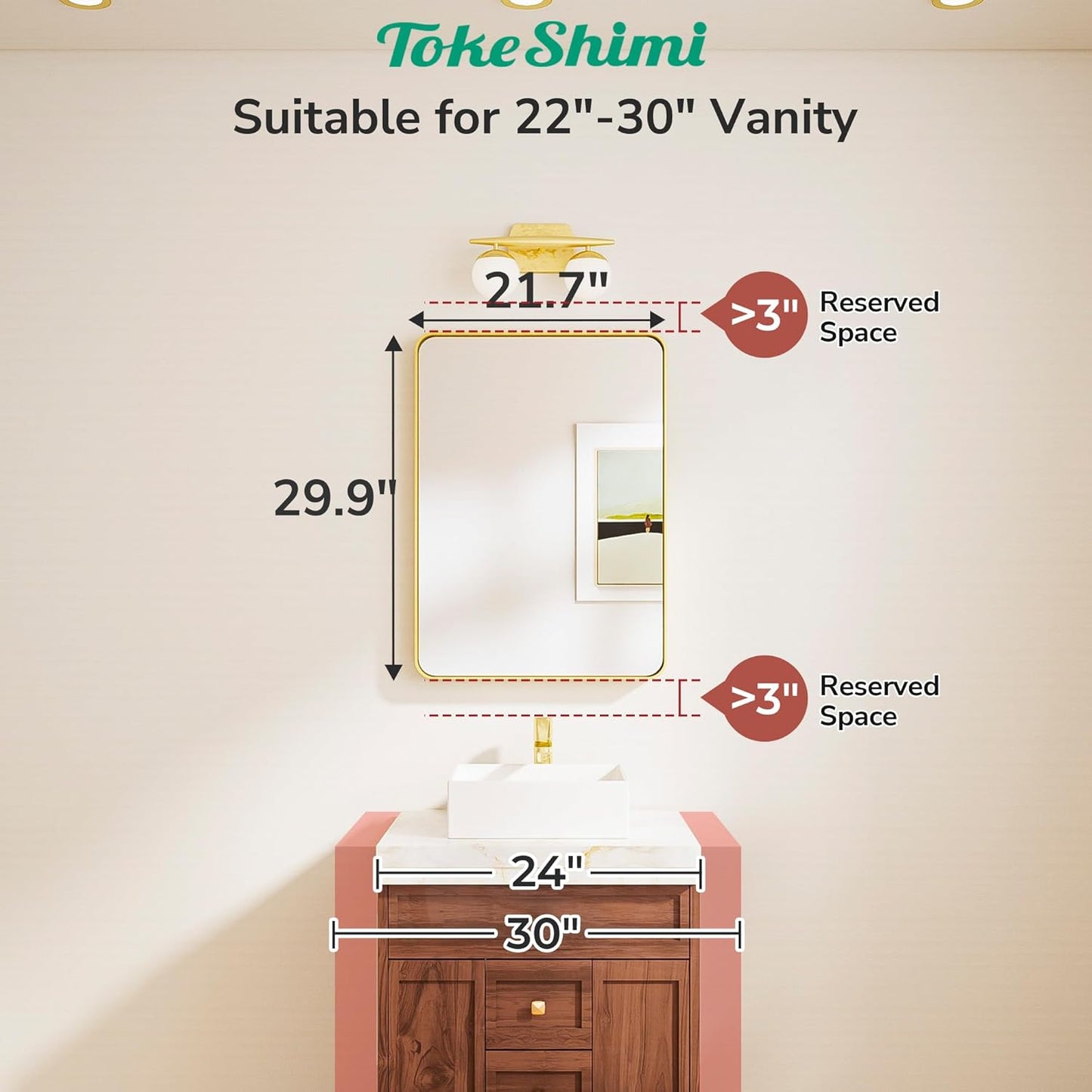 TokeShimi Brushed Nickel Bathroom Mirror 22x30,HD Tempered Glass,Silver Bathroom Vanity Mirror for Over Sink,Aluminum Framed Mirror Wall(Horizontal/Vertical)