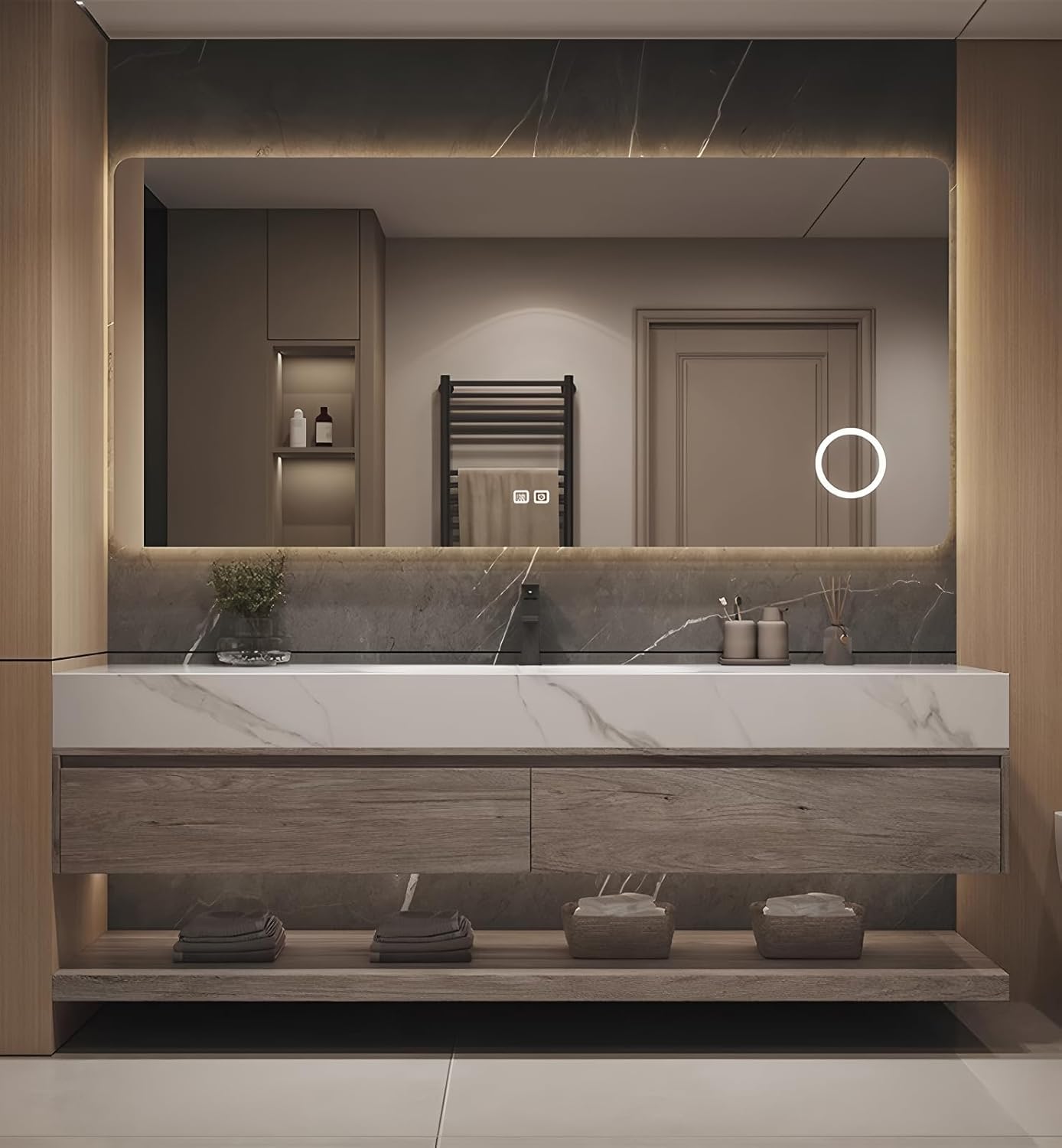 Floating Bathroom Sink Vanity 68Inch, Solid Wood Bathroom Vanities Set Includes Smart Rectangular Mirror, Slate Countertop and Integrated Sink, Modern Bathroom Cabinet with Drawers and Open Storage