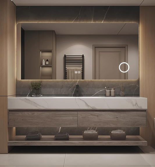 Floating Bathroom Sink Vanity 72Inch, Solid Wood Bathroom Vanities Set Includes Smart Rectangular Mirror, Slate Countertop and Integrated Sink, Modern Bathroom Cabinet with Drawers and Open Storage
