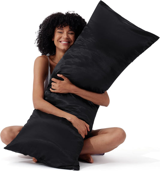 Bedsure Satin Body Pillow Pillowcase, Similar to Silk Body Pillow Cover with Zipper, Soft & Breathable Long Pillow Case, Cooling & Silky Long Pillowcase for Hair and Skin, Gifts, Black, 20x54 Inches
