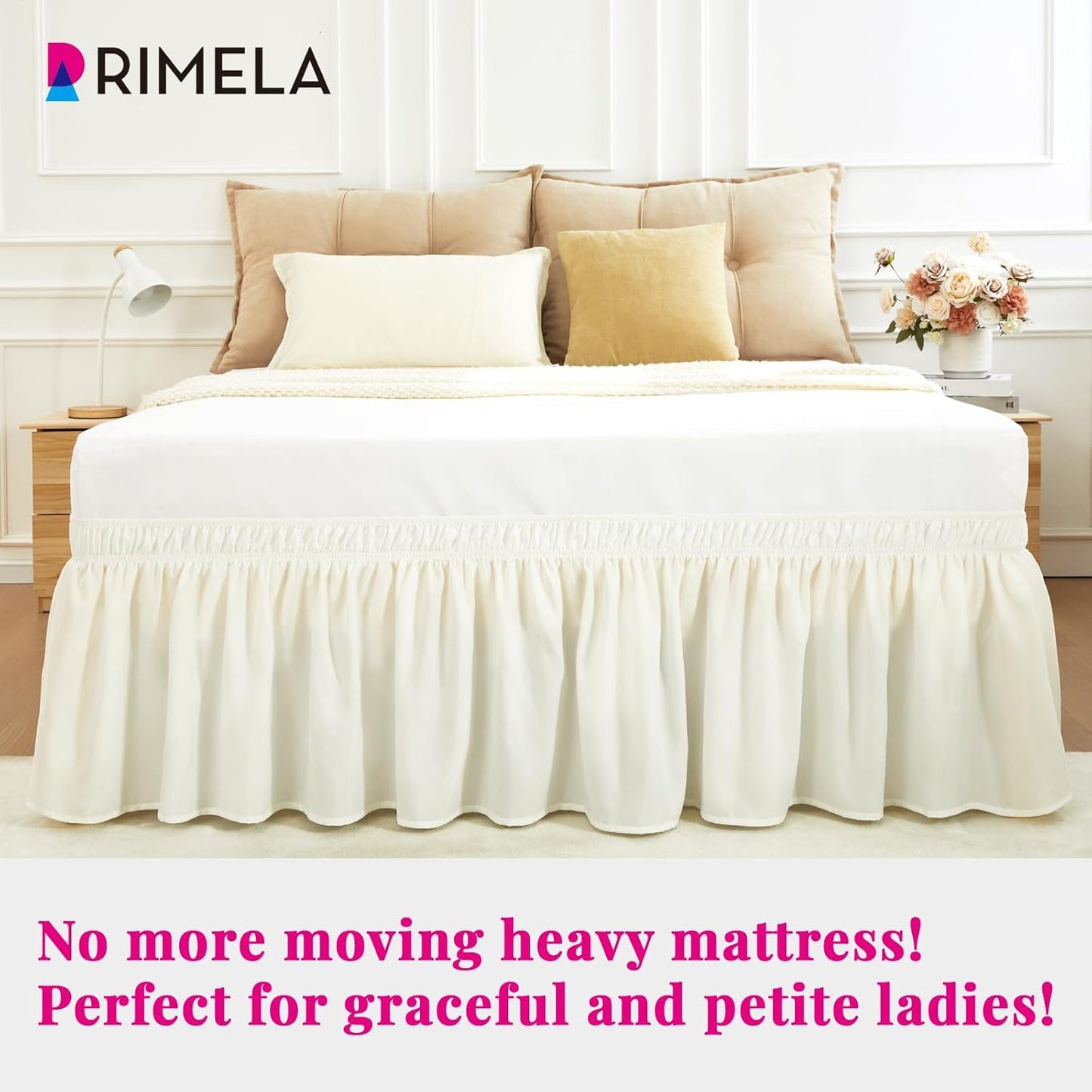 RIMELA Queen Bed Skirt 14 Inch Drop Ivory White, Wrap Around Elastic Bed Skirts Queen Size Dust Ruffle, Bedskirt for Adjustable Bed Base Solid Silky Fabric Machine Washable Easy to Install