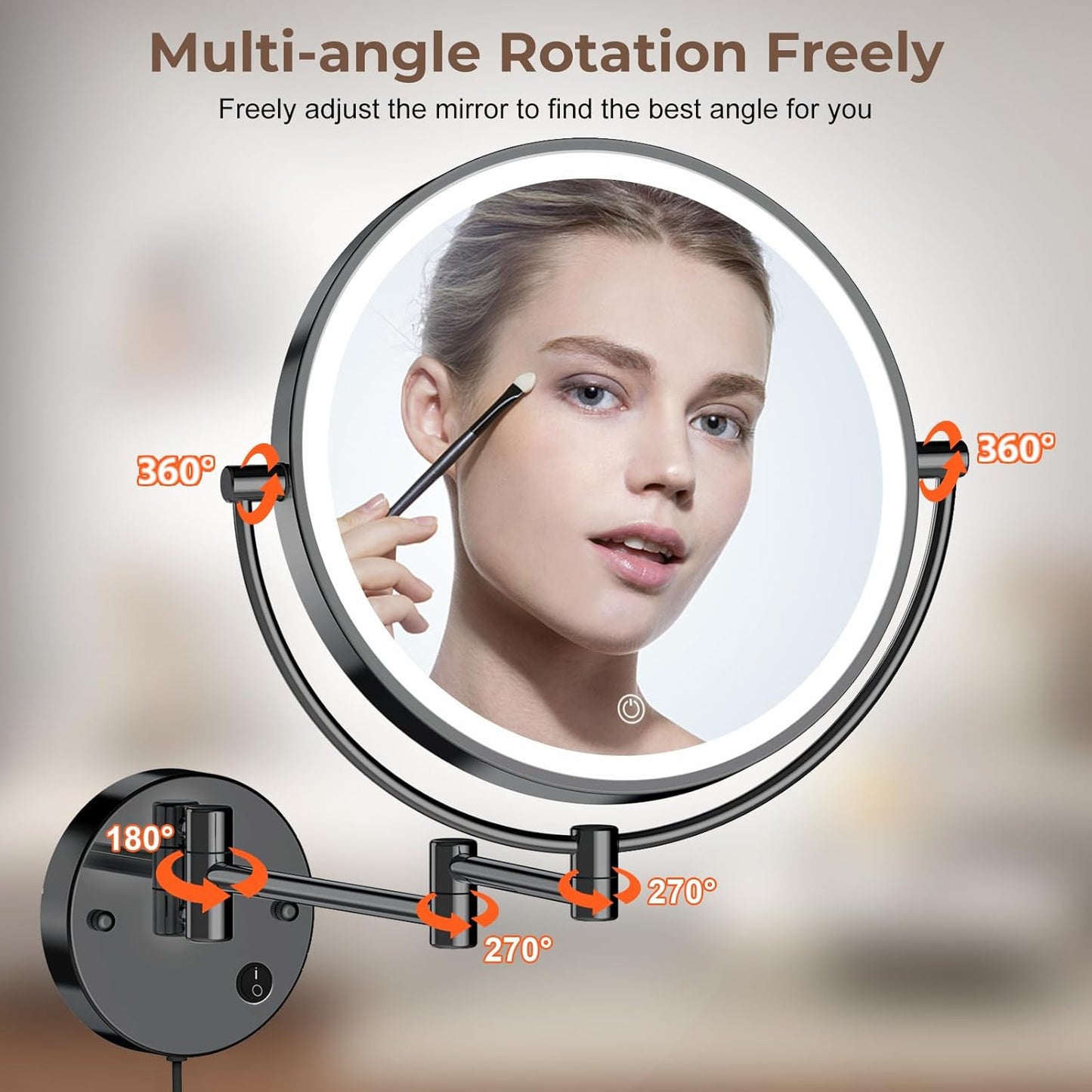 Rocollos 9" Plug-in Wall Mounted Lighted Makeup Mirror 1X/10X Magnification, Super Large Double Sided LED Vanity Mirror for Bathroom (Black)