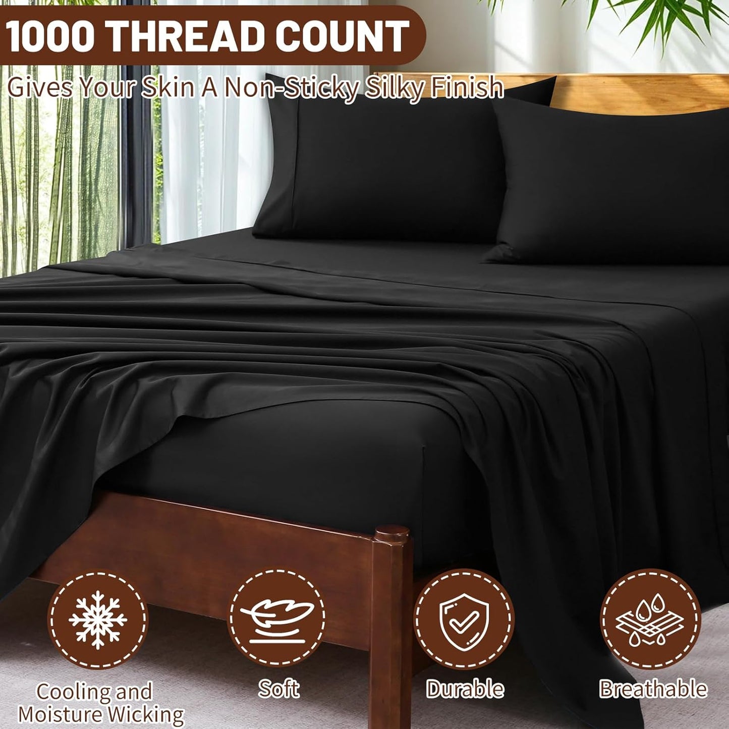 Extra Deep Pocket Queen Sheets 18-24 Inch 1000 Thread Count 100% Egyptian Cotton Sateen Weave Soft Breathable 4 Pieces（Queen,Black）