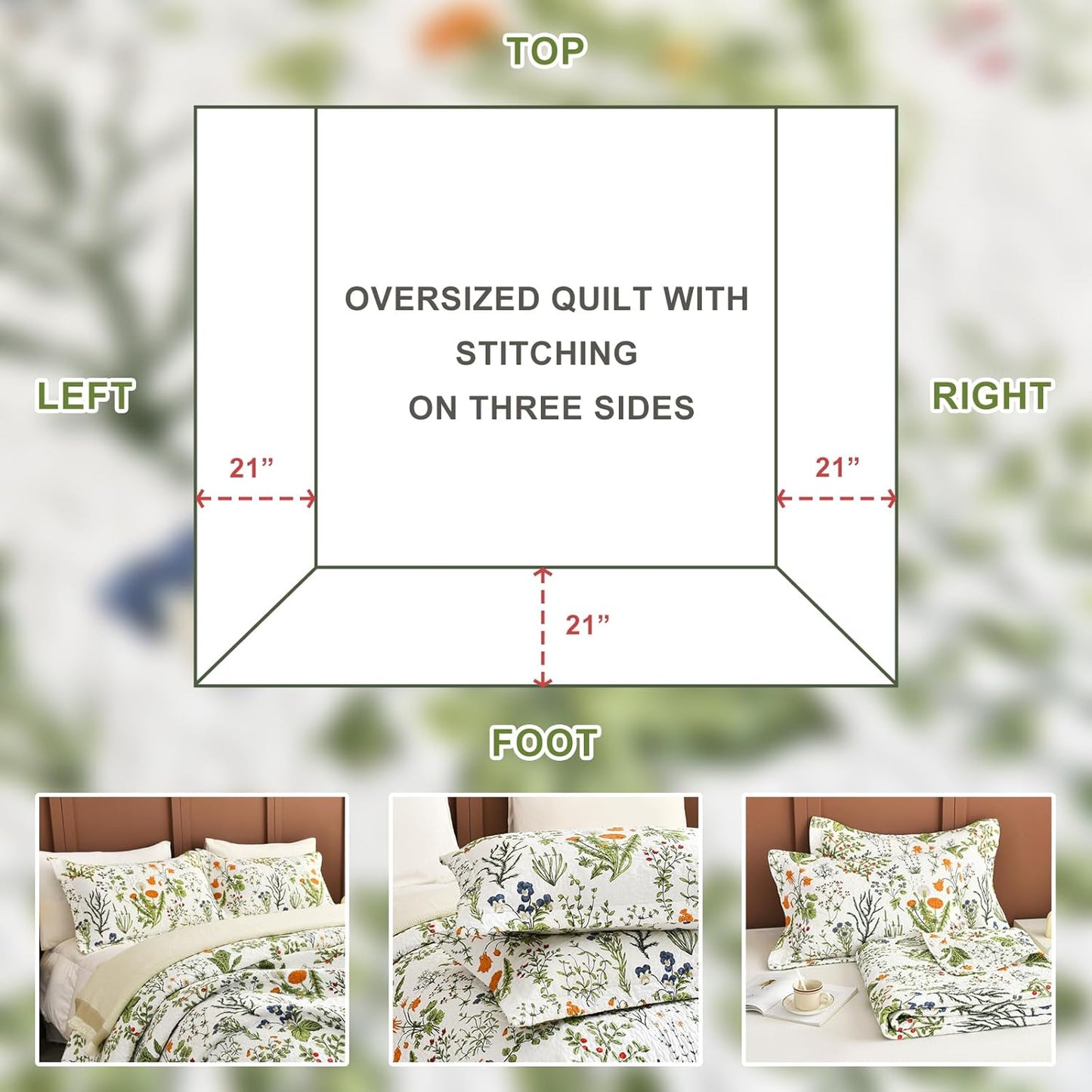 Lady Ann Oversized King Bedspreads 128x120,100% Cotton Floral Quilt Coverlet California King Size Extra Large Yellow Flowers & Leaves Pattern Plant Botanical Printed Lightweight Bedding Set, 3Pcs