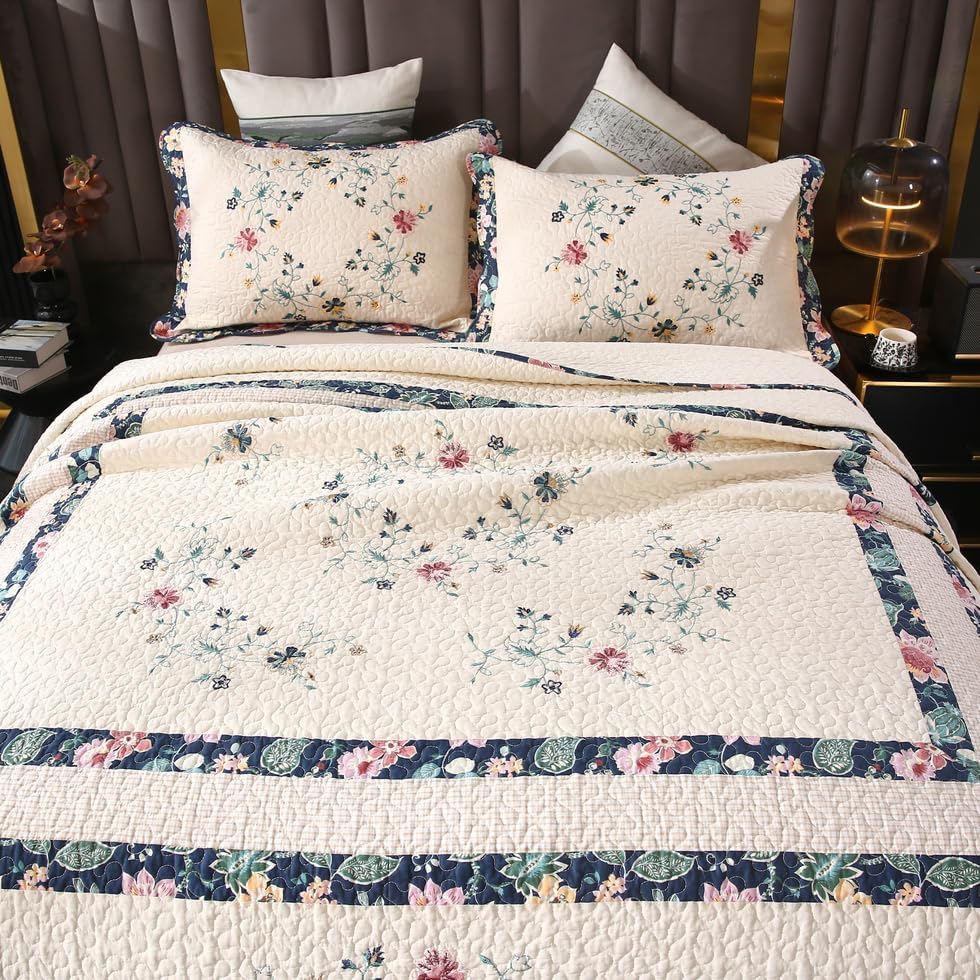 Quilt Set Floral Leaves 3D Embroidery Pattern 3 PCS Cotton Reversible Quilted Embroidered Decorative Bedspreads Coverlet Set, Lightweight &Soft Queen Size Beige Bedding Coverlet for All Season