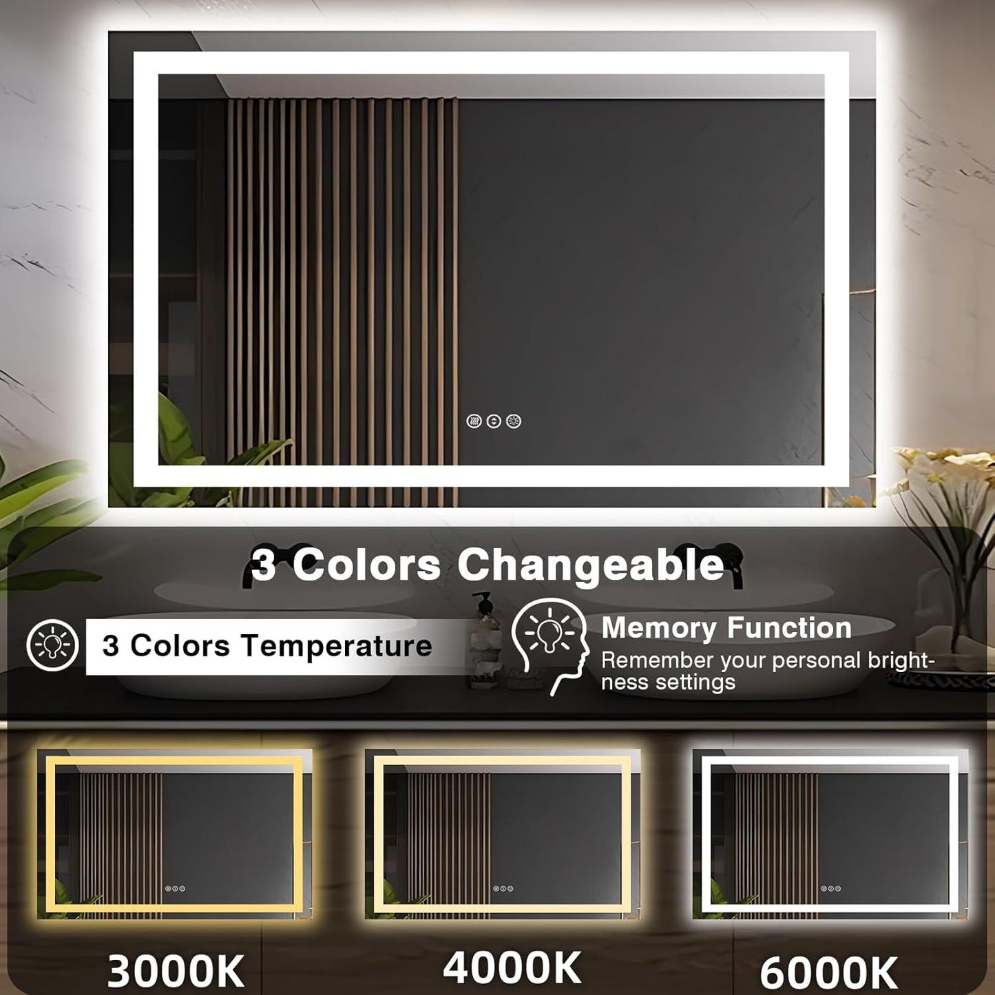 55"x36" LED Bathroom Mirrors for Wall, Front and Backlit Mirror, Anti-Fog Light up Mirror, Stepless Dimmable Lighted Mirror, 3 Colors Smart (Horizontal/Vertical)
