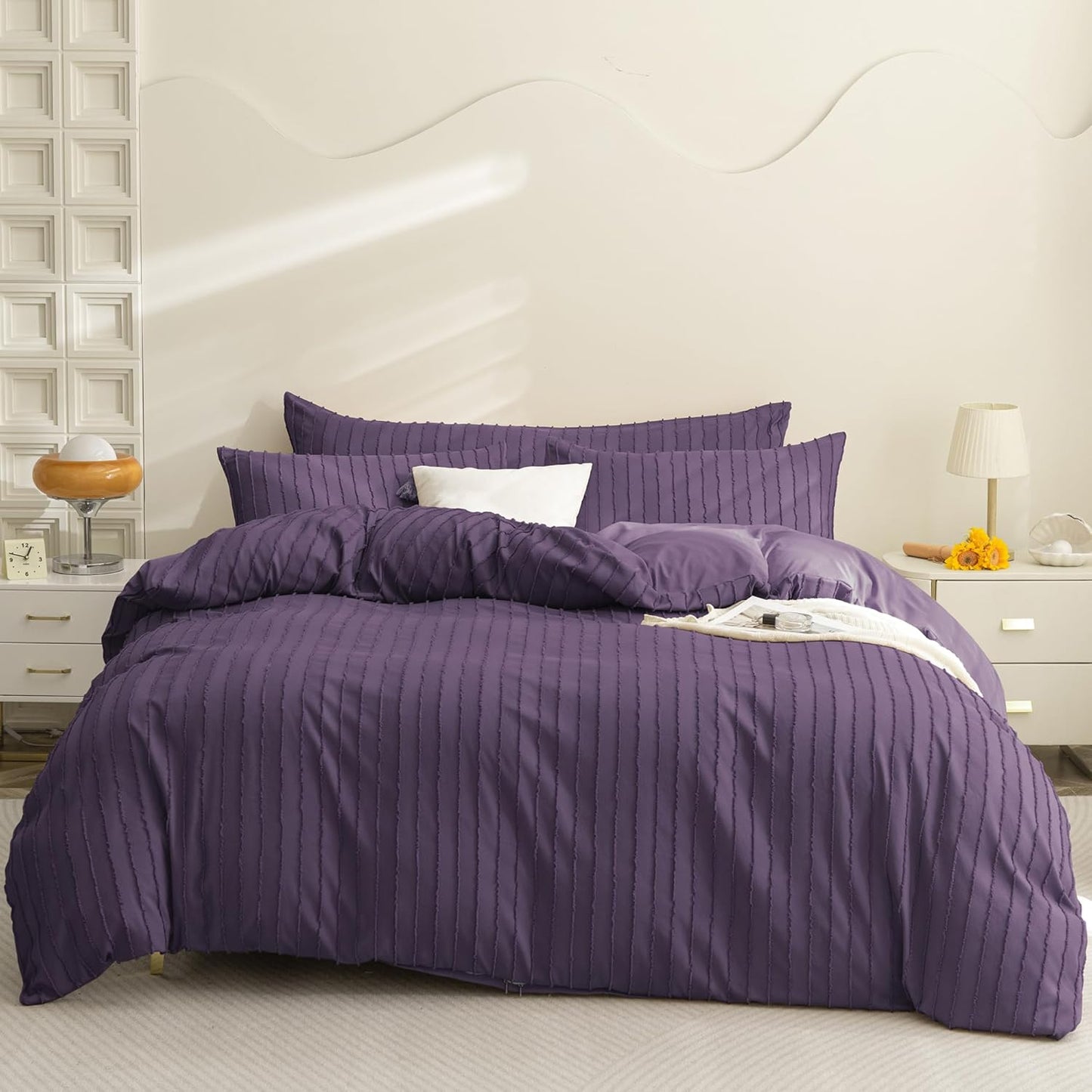 JELLYMONI Duvet Cover Twin Size Purple - 3PCS Boho Striped Duvet Cover Set Polyester Tufted Bohemian Textured Comforter Cover 68×90in with Corner Ties & Zipper and 2 Pillowcases