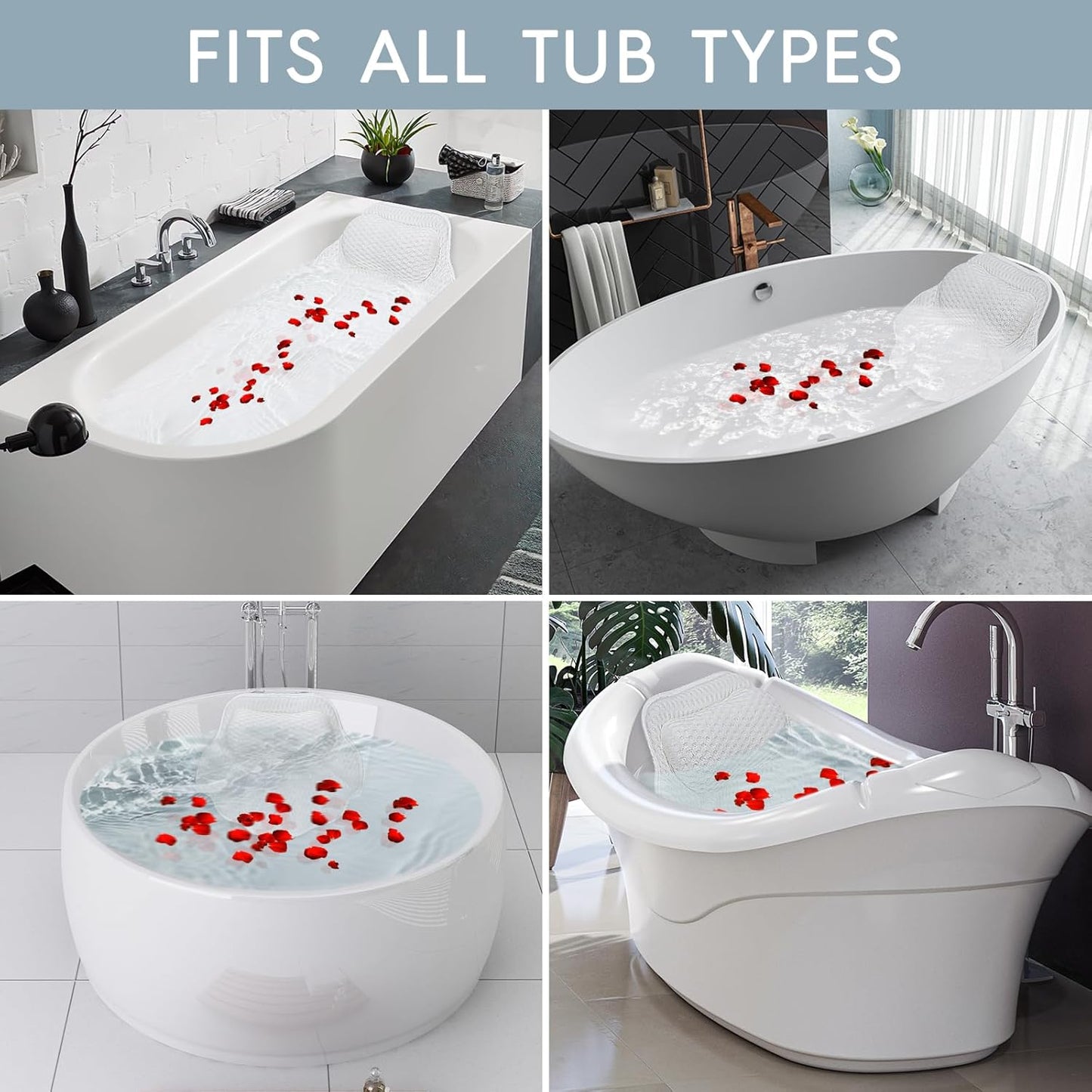 Luxury Bath Pillow for Tub - 4D Air Mesh Bathtub Pillow with 4 Non-Slip Suction Cups for Head, Neck and Back Support, Ergonomic Spa Accessories with Laundry Bag, Fits All Bathtubs
