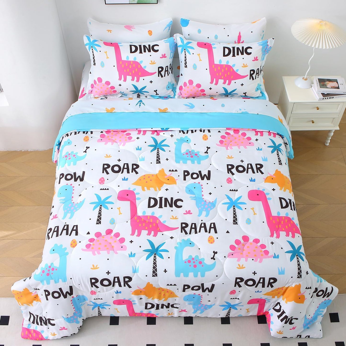 Wajade 7 Piece Kid Girls Dinosaur Comforter Set Twin Size 3D Pink Dinosaur Wild Park Jungle Print Bedding Set with Comforter, Sheet Set, Pillowcase and Sham