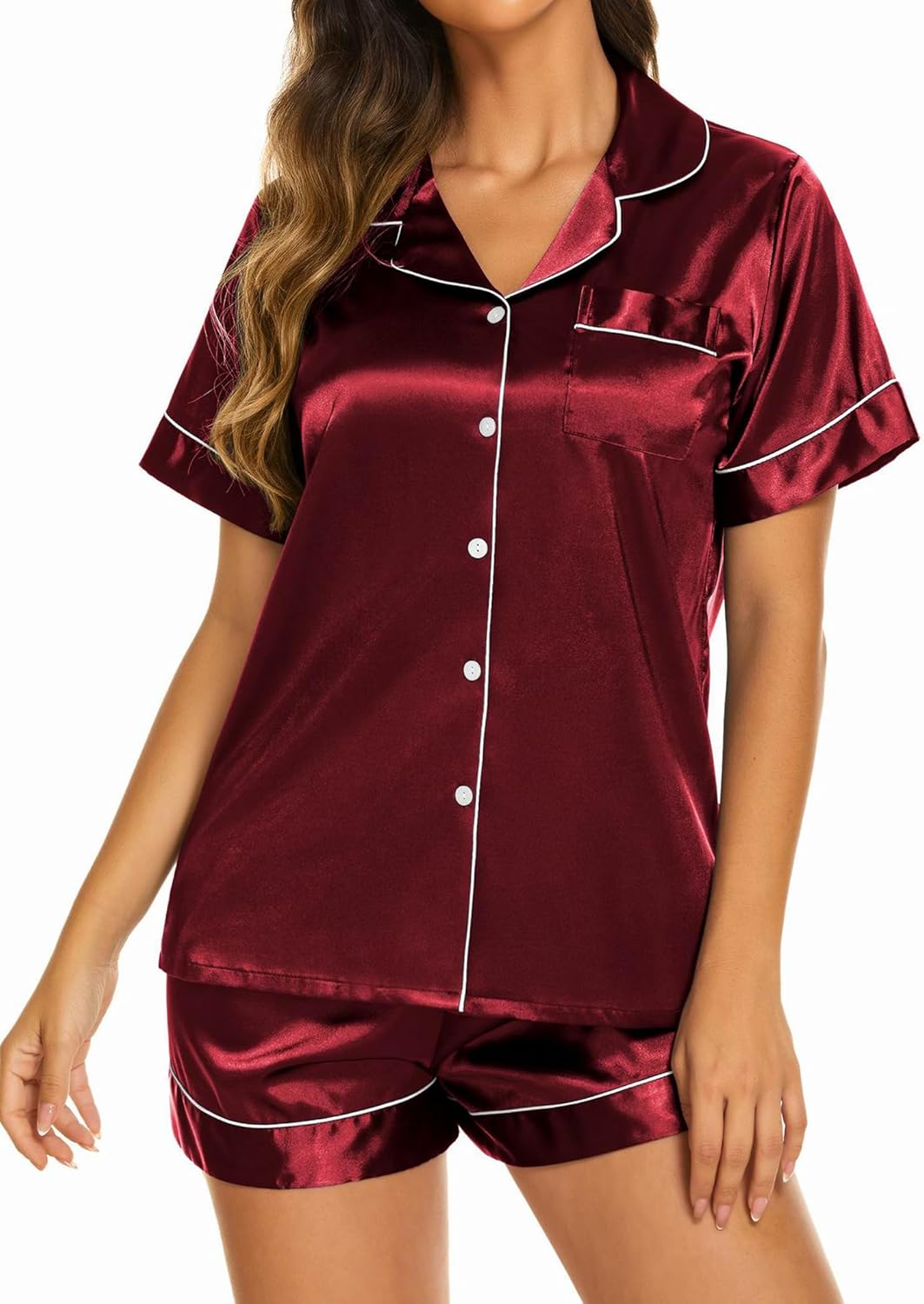 Ekouaer Silk Pajamas for Women Short Sleeve Sleepwear Soft Button Down Loungewear 2 Piece Satin Pjs Shorts Set
