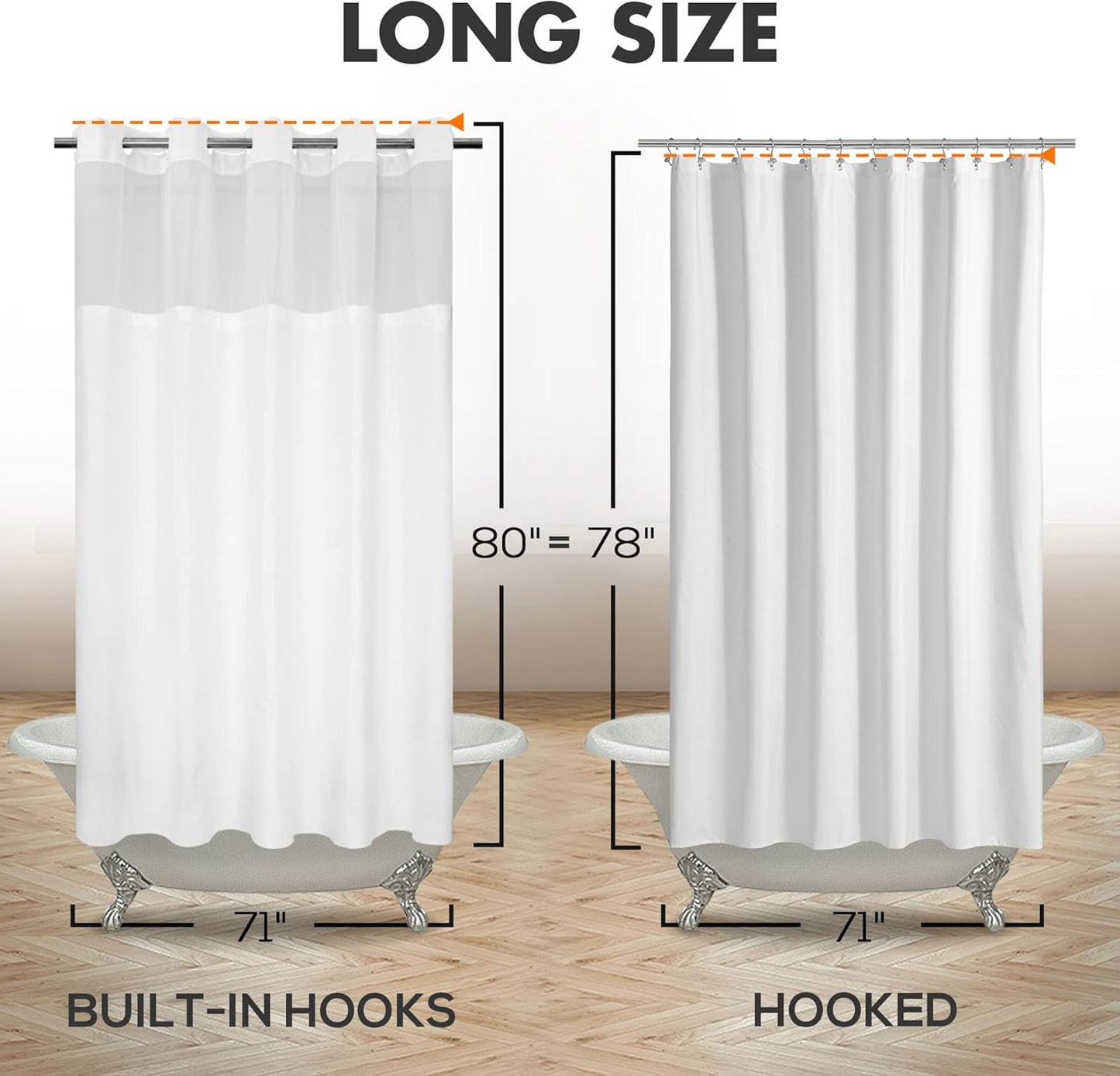 River Dream Long No Hook Slub Textured Shower Curtain with Snap-in PEVA Liner Set - 71" x 80"(78"), Hotel Style with See Through Top Window, Fabric Curtain & Waterproof Liner, White, 71x80