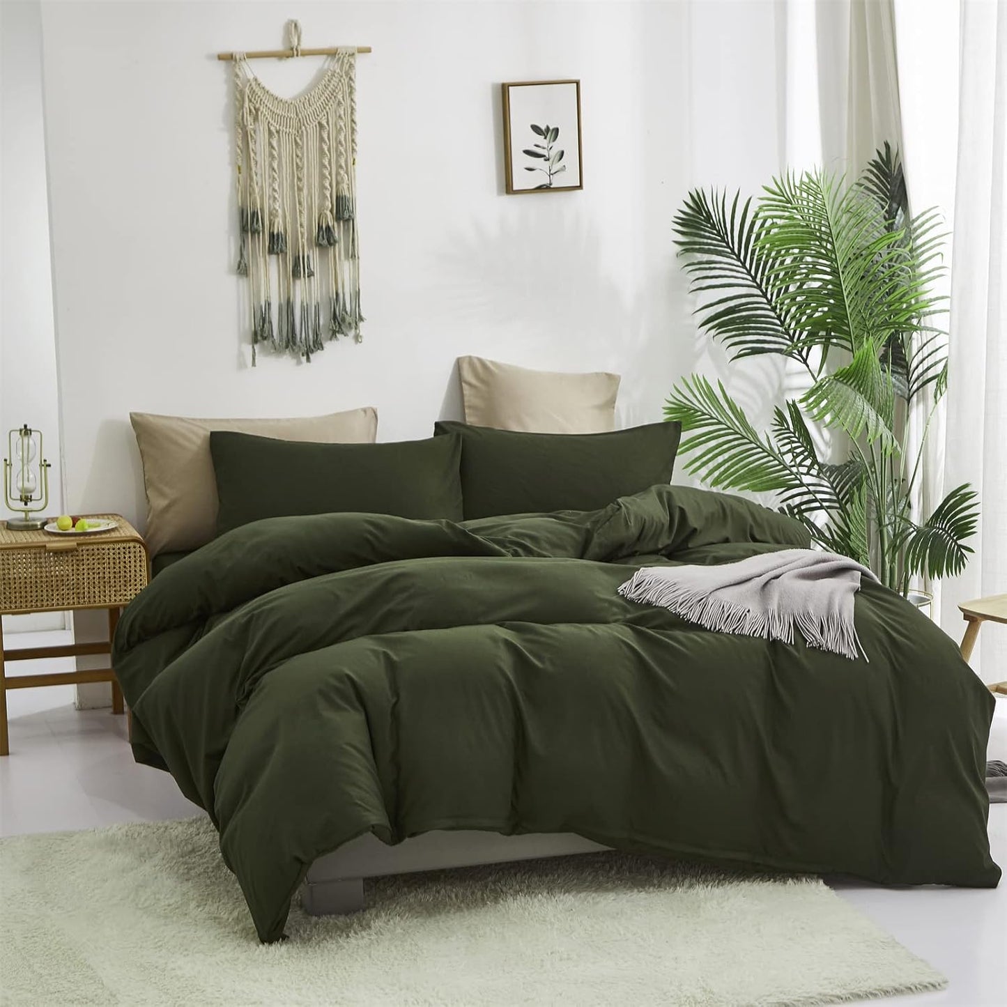 Cottonight Army Green Comforter Set Queen Dark Green Bedding Set Full Plain Modern Style Blanket Quilts Soft Breathable Comforter Set for Women Men