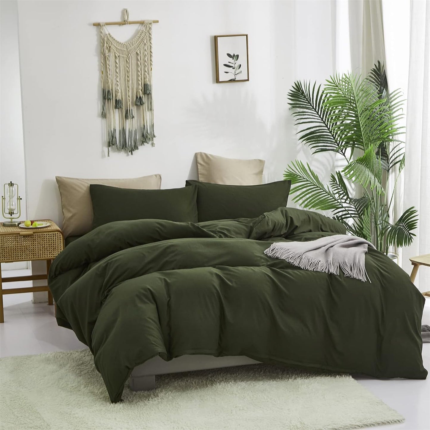 Cottonight Army Green 3 Pcs Comforter Set, Twin Bed Bedding Set with Microfiber Fill, Olive Green Quilt, Fashion Solid Color, Unisex, Minimalist, Summer Fall Winter All Seasons, Machine Wash