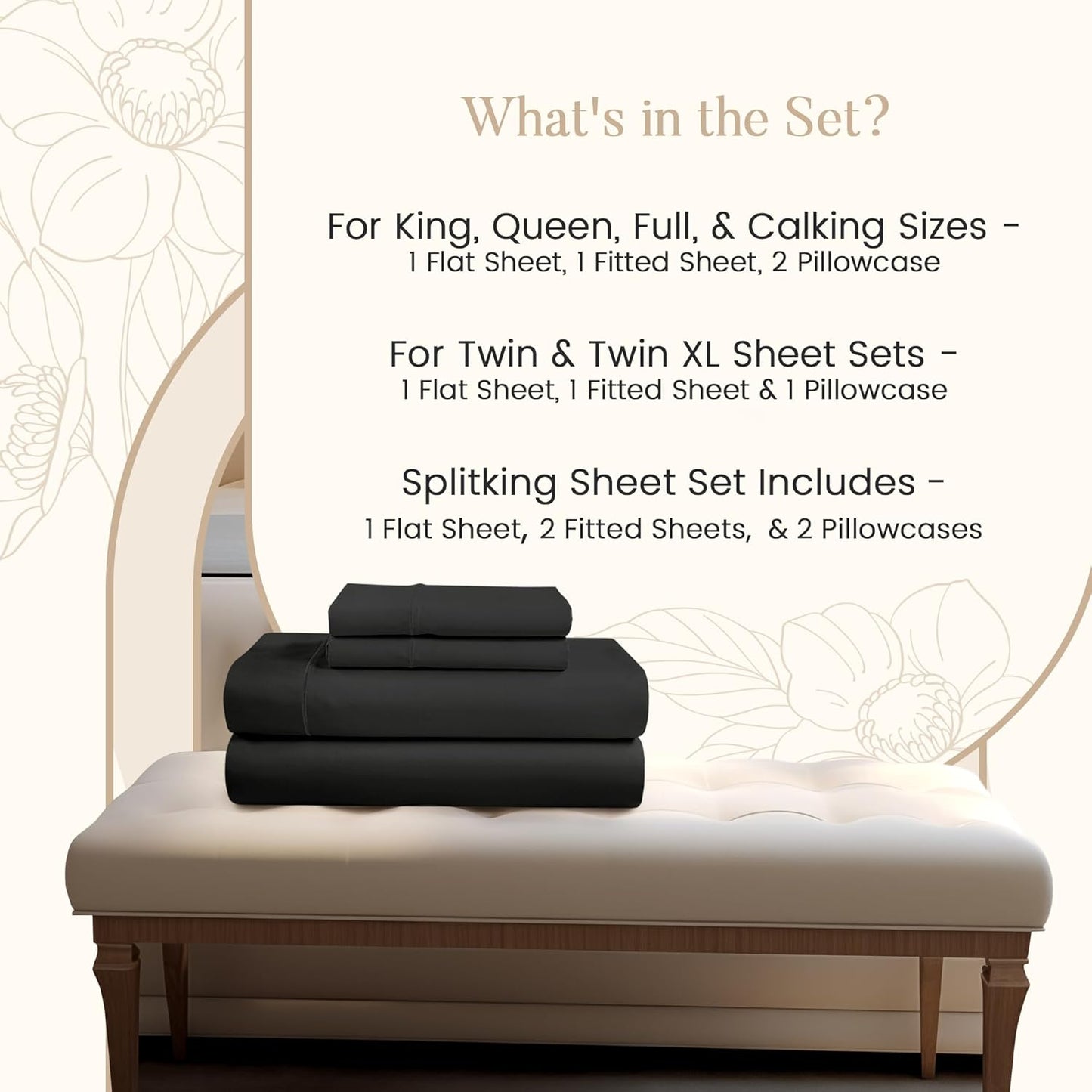 Egyptian Cotton Sheets Split King Size Sheet Set, 800 Thread Count Sateen Weave Hotel Collection Split King Sheet Deep Pockets, Cotton Bed Sheets Fits up to 17" – Black