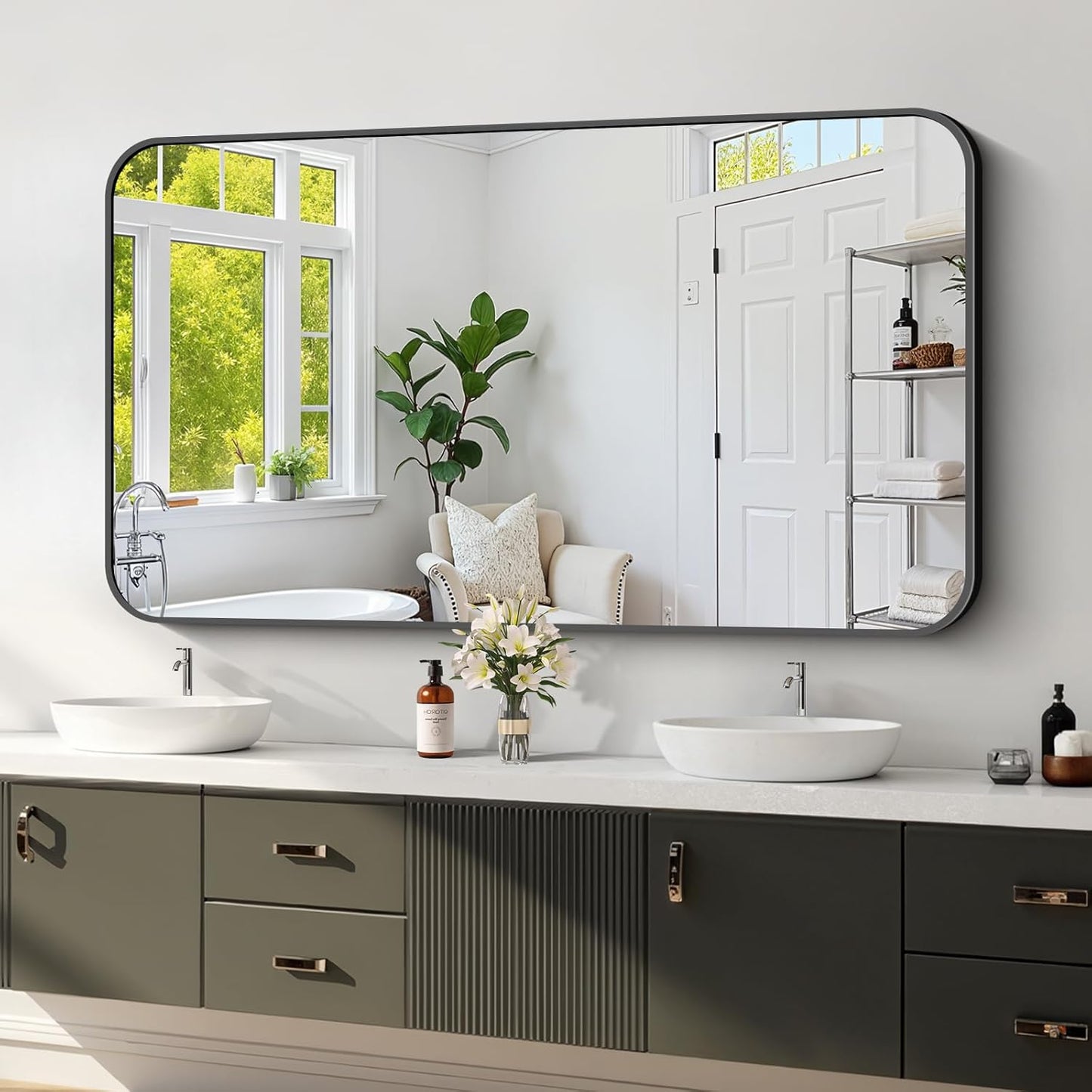 Koonmi Black Framed Bathroom Mirror - 30x55 Inch Shatterproof Tempered Glass Vanity Mirror for Bathroom Sink, Wall Mounted with Matte Aluminum Alloy Frame, No Distortion, Modern Decor
