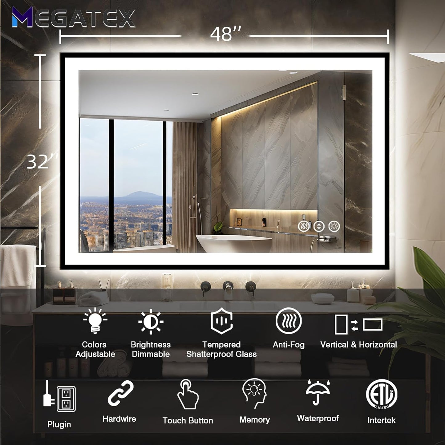 48x32 LED Mirror for Bathroom, Black Metal Framed, Vanity Mirror with Lights, 3 Color Modes, Dimmable CRI90+, Double Lights, Anti-Fog, Shatter-Proof, Waterproof, Memory (Horizontal/Vertical)